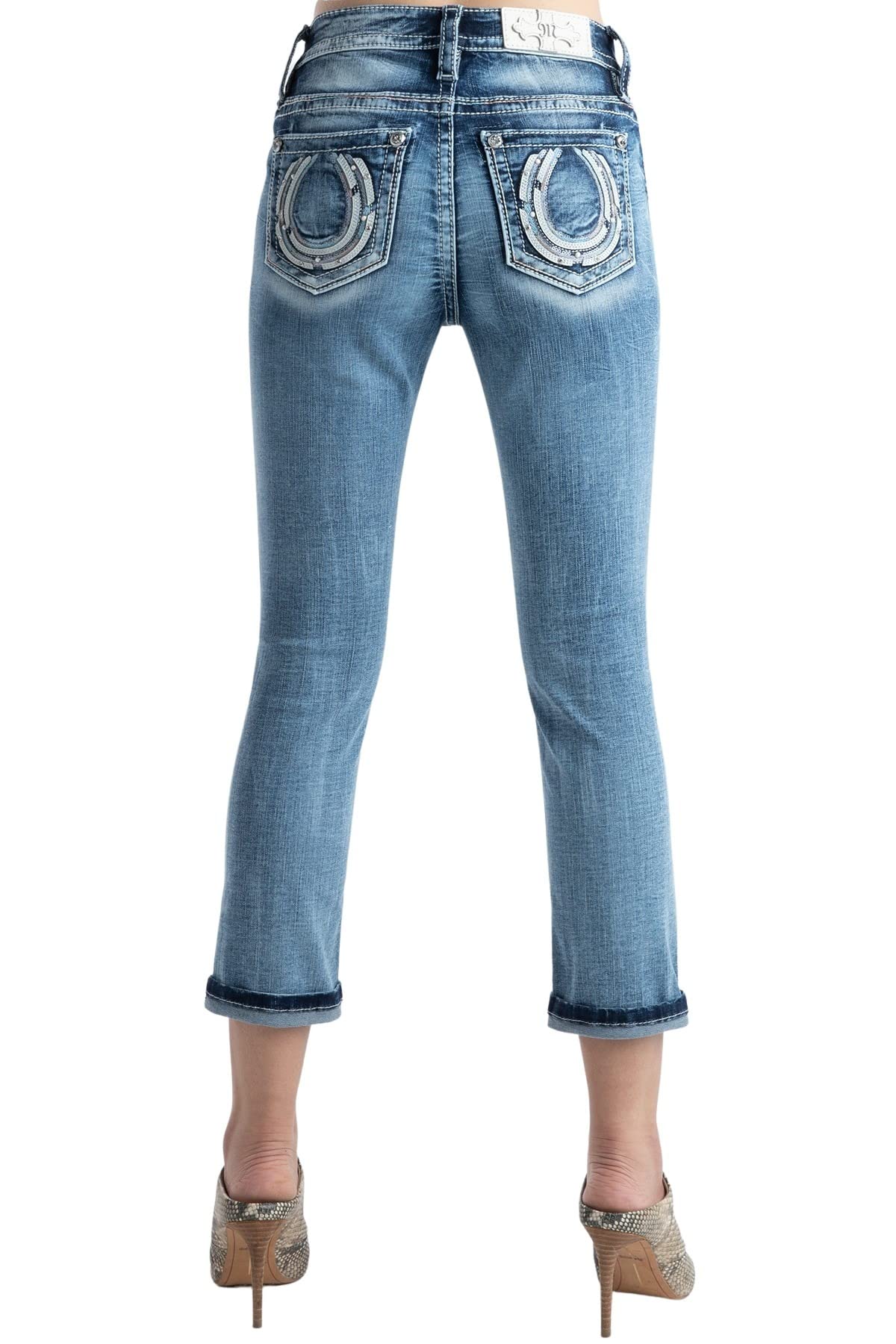 Miss Me Women's Pastel Horseshoe Embellished Mid-Rise Capri Jeans with Pockets - Comfortable Stretch Denim for Casual Wear & Summer Outfits