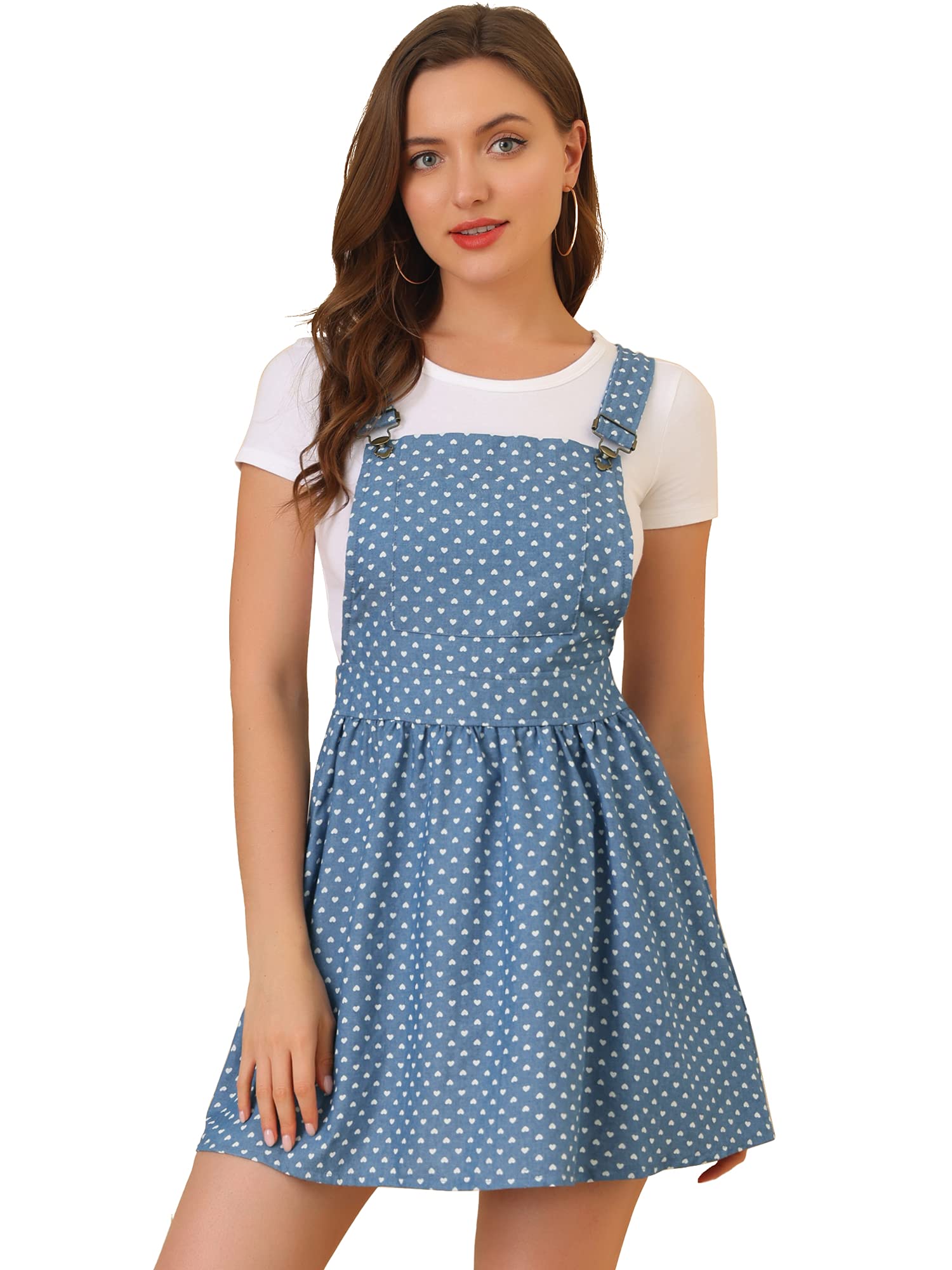 Allegra K Women's Floral Print Denim Overalls Dress with Adjustable Straps - Casual Summer Jumpsuit for Outings, Picnics & Music Festivals