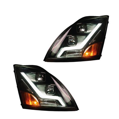 Volvo VN VNL Black Housing Headlights with LED Light Bar - Complete Set for Both Sides | Durable Replacement for Truck & Night Driving