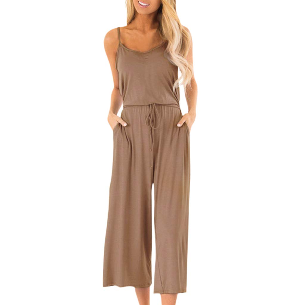 Tlzadwei Women's Casual Sleeveless V-Neck High Waisted Wide Leg Jumpsuit - Summer Beach Romper, Lounge Wear, Vacation Outfit (Brown)