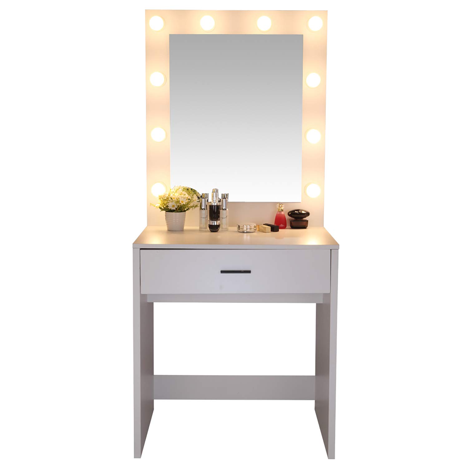 Vanity Mirror with Lights and Table Set with Drawers - LED Makeup Mirror with Adjustable Brightness, Large Dressing Table with Storage, White Vanity Desk with Warm Light for Bedroom, Bathroom & Beauty Salon