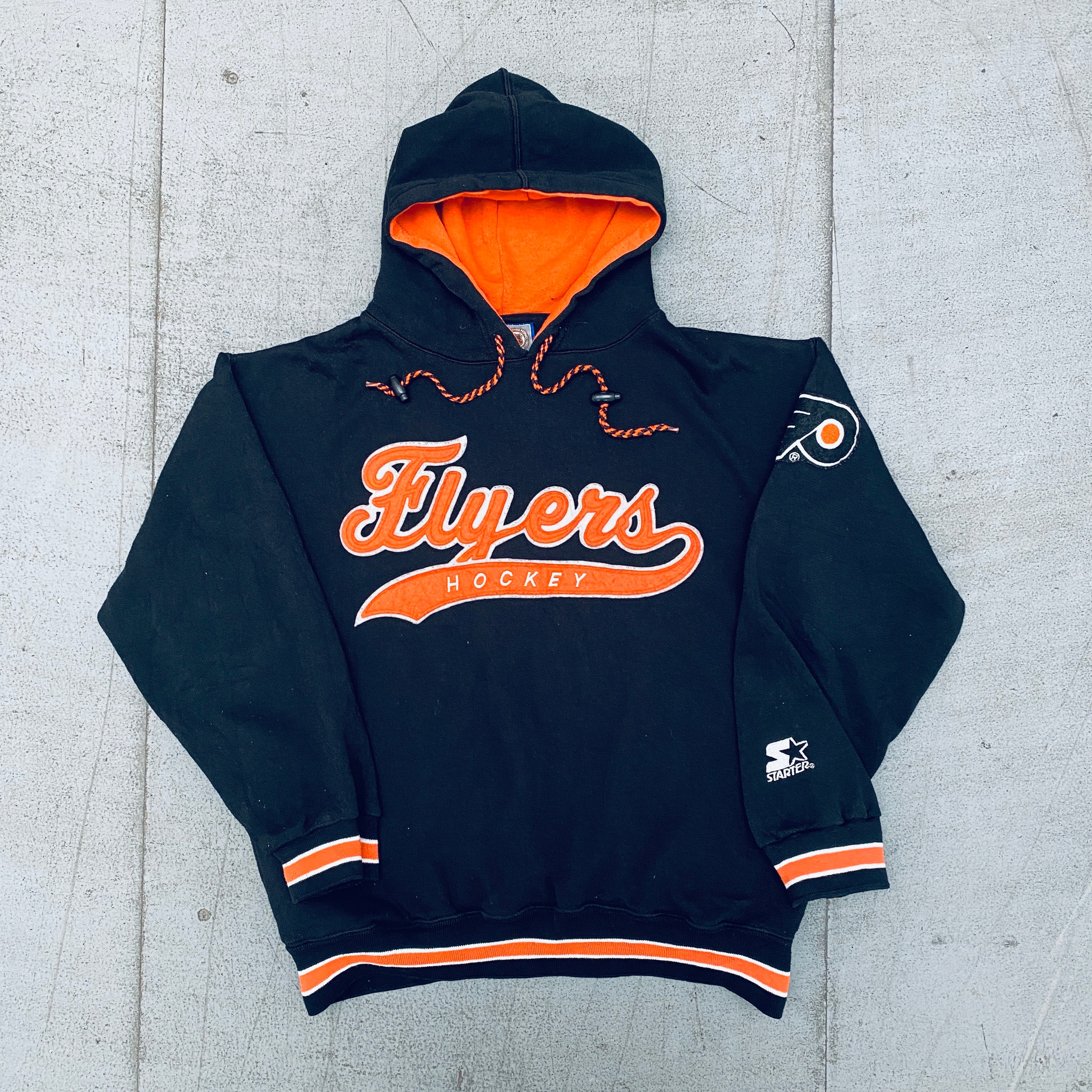 Philadelphia Flyers 1990s Vintage Starter Script Spellout Hoodie Sweatshirt - Men's & Women's S - Retro NHL Hockey Fan Apparel for Game Day & Casual Wear