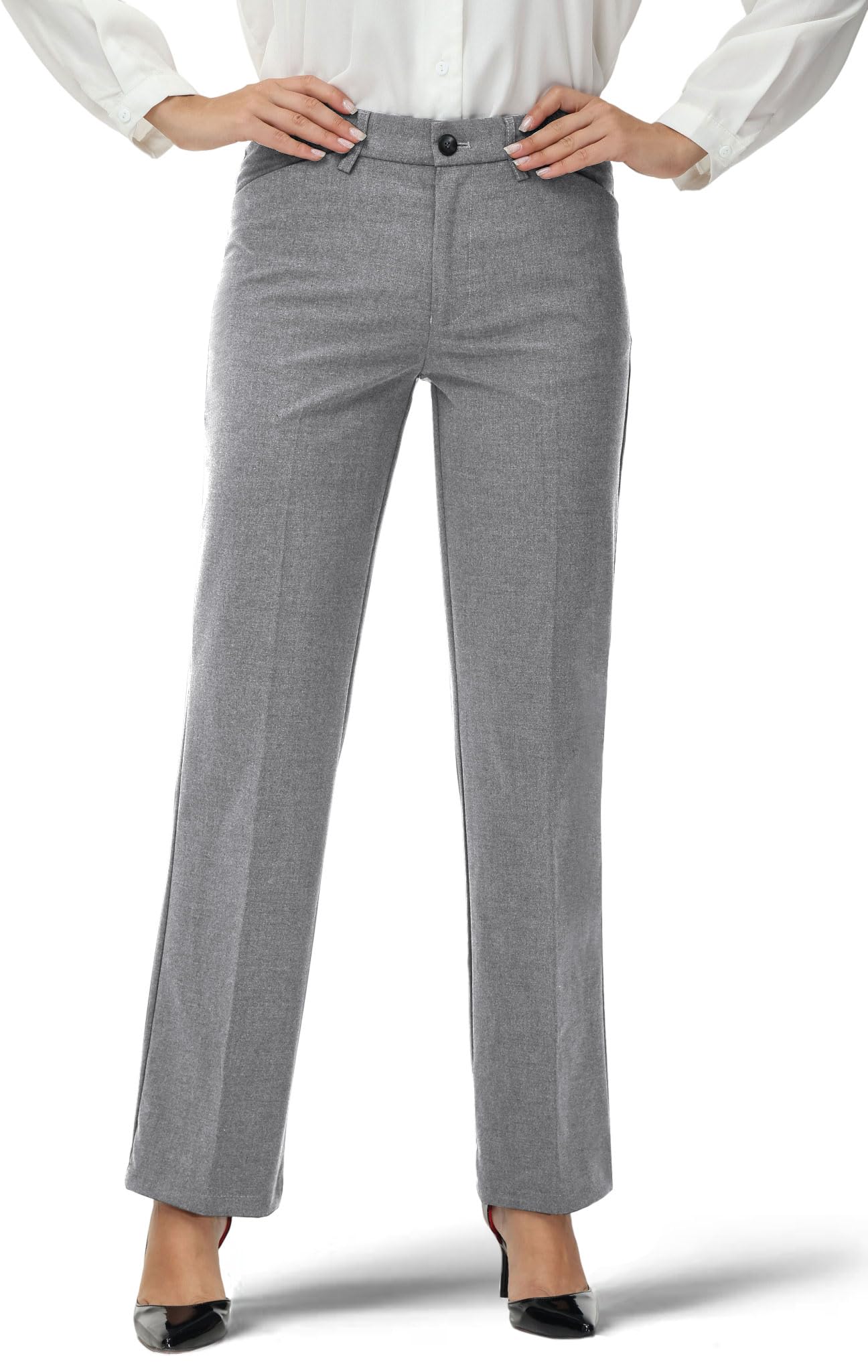 Soojun Women's Comfort Flex Waist Straight Leg Dress Pants - Professional Office Work Trousers with Stretchy Waistband for Business Casual Wear