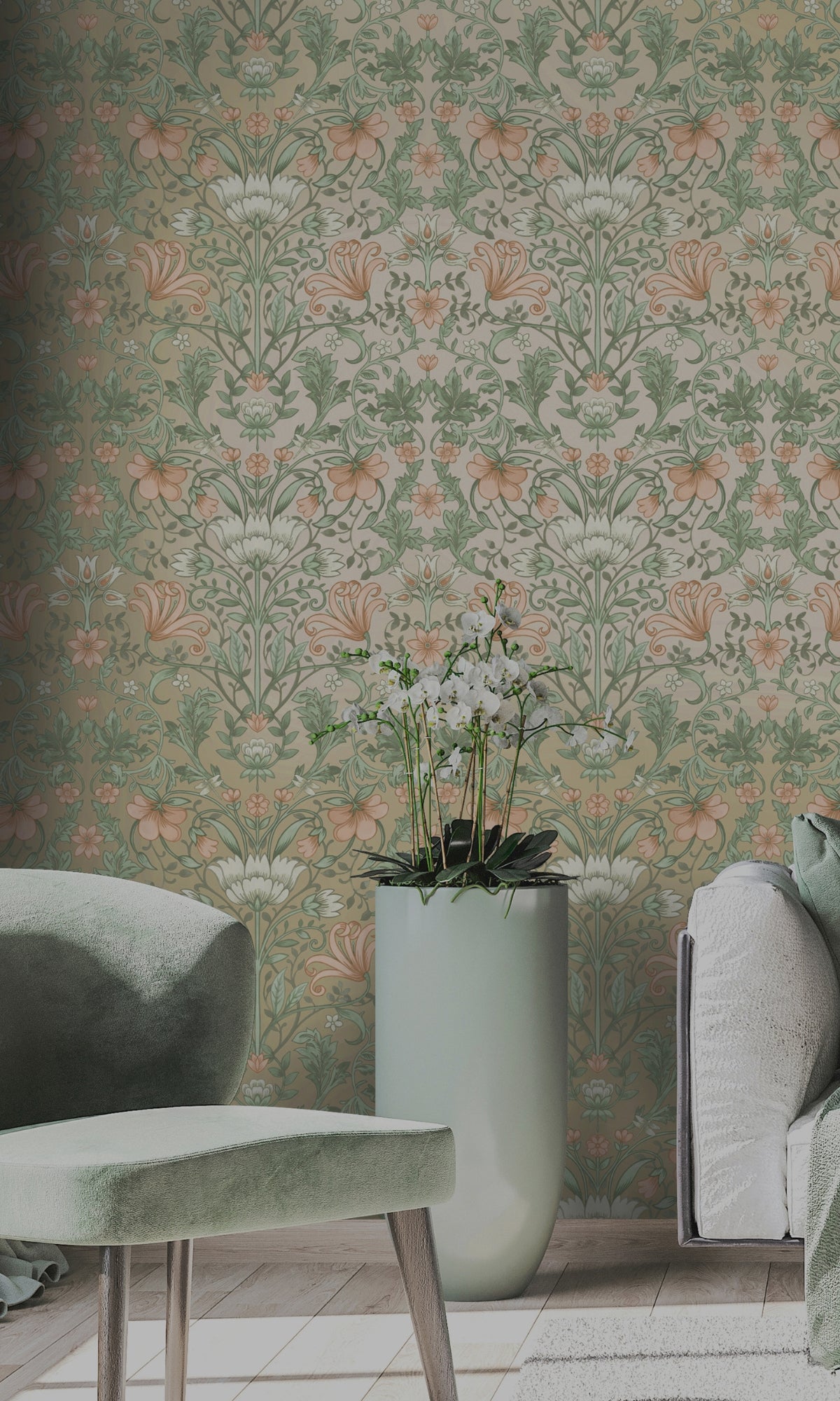 Champagne Trailing Vines Floral Wallpaper R8256 - Elegant Peel and Stick Wallpaper for Bedroom, Living Room & Home Decor