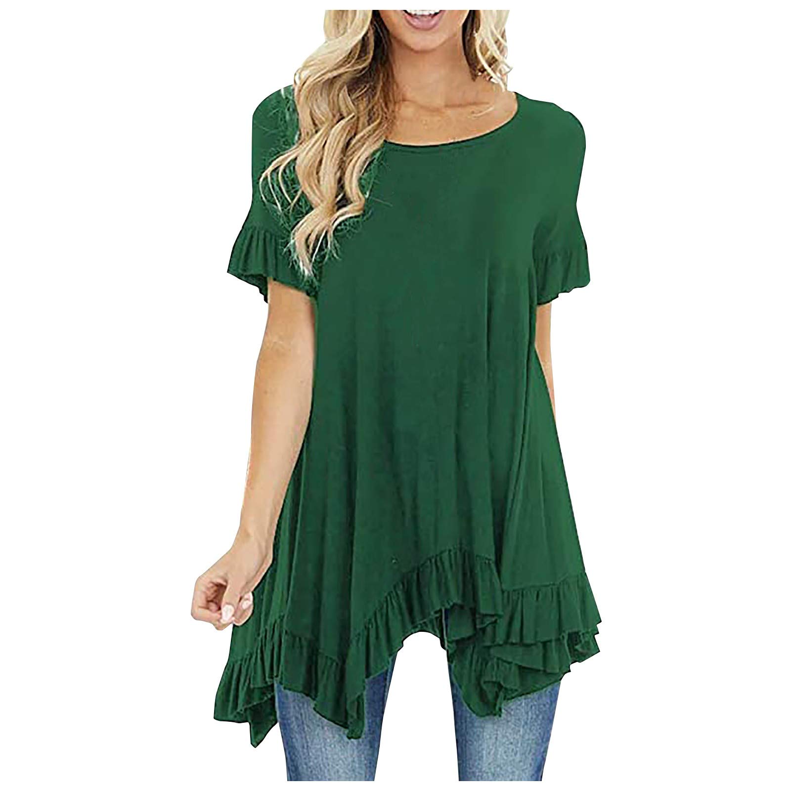 Women's Casual Ruffle Short Sleeve Tops - Round Neck Fashion Blouse for Summer, Beach, and Everyday Wear
