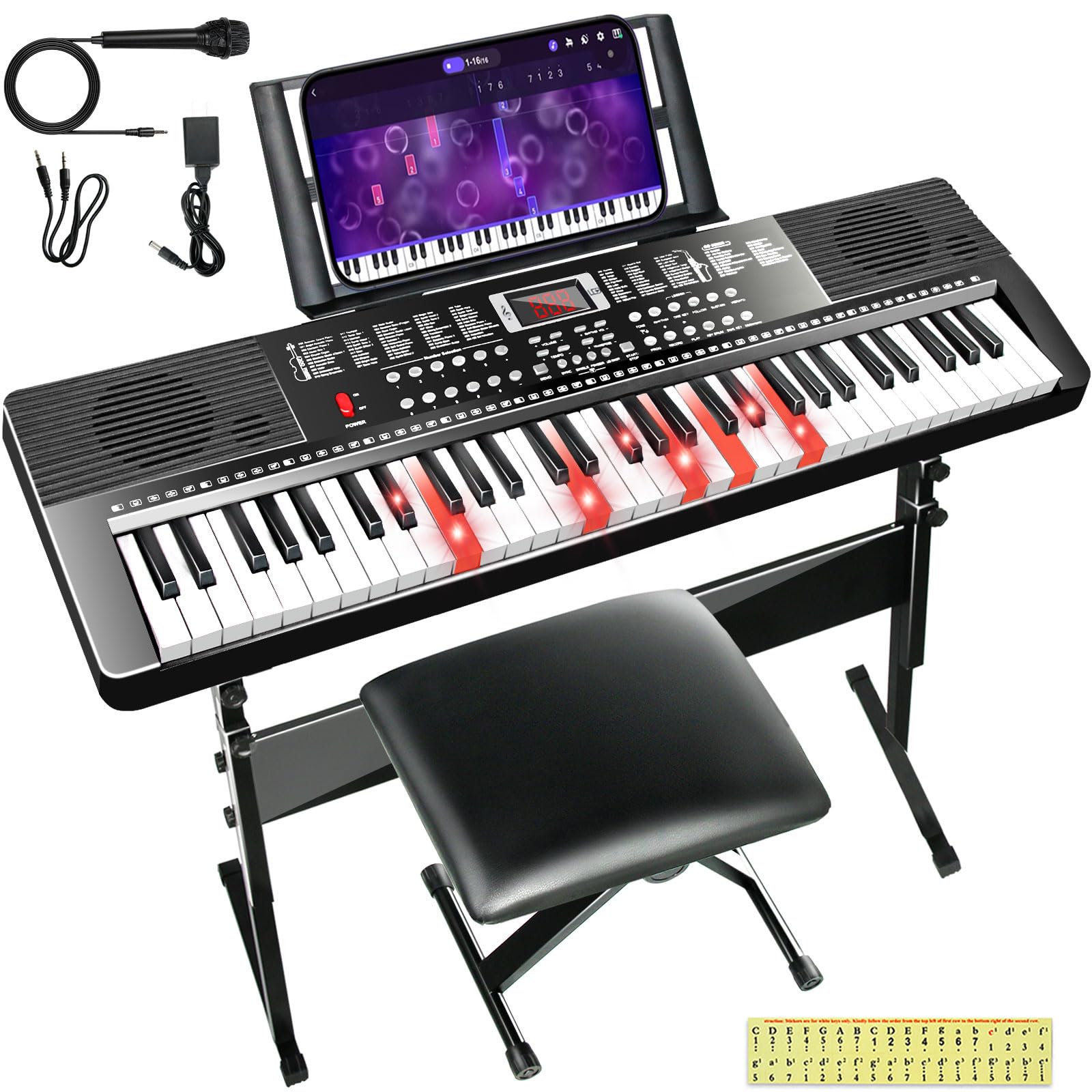 AQNIEGEP 61-Key Electric Keyboard Piano for Beginners - Full Set with Stand, Bench, Stickers, Microphone & LED Screen | Perfect Christmas Gift for Kids & Adults | Home Practice, Music Lessons & Live Performances