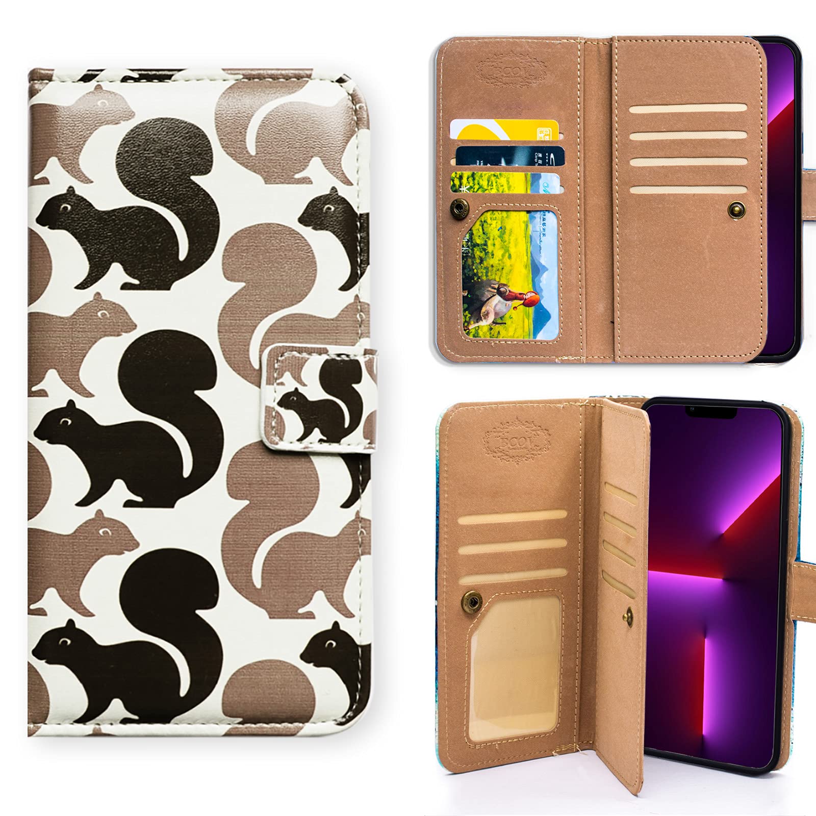 iPhone 13 Pro Wallet Case - Bcov Cute Squirrel Leather Phone Cover with Card Slots & Wrist Strap | Multi-Function Flip Wallet for Women & Men | Perfect for Travel, Shopping & Everyday Use