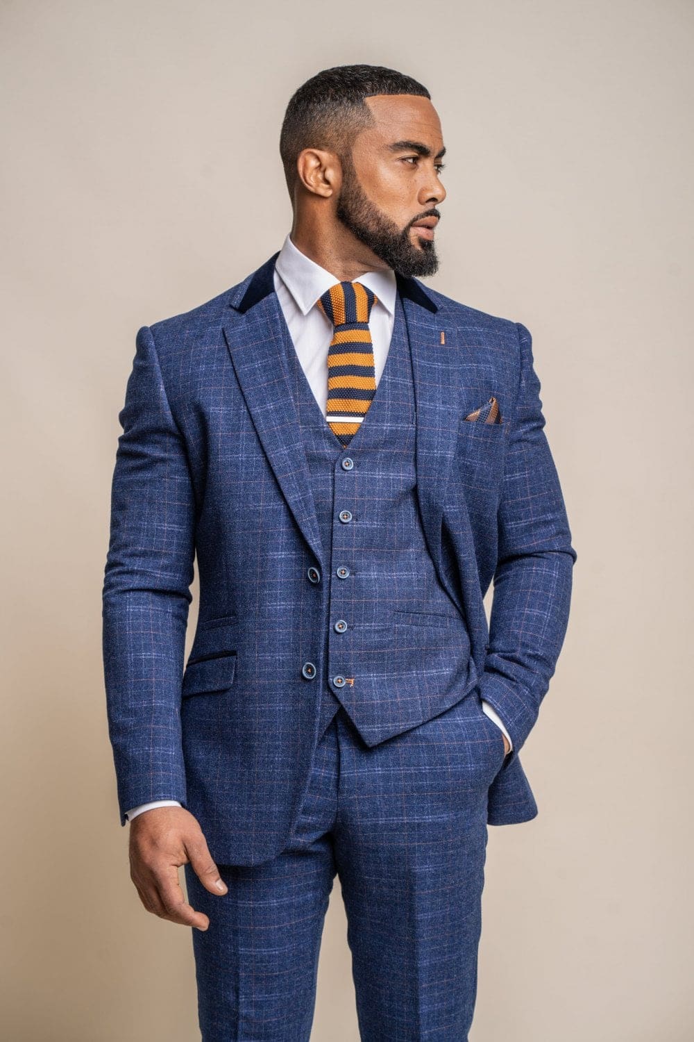 Cavani Kaiser Men's Blue Tweed 3 Piece Suit Set - Formal Business Wedding & Special Occasion Outfit for Groom, Office & Events