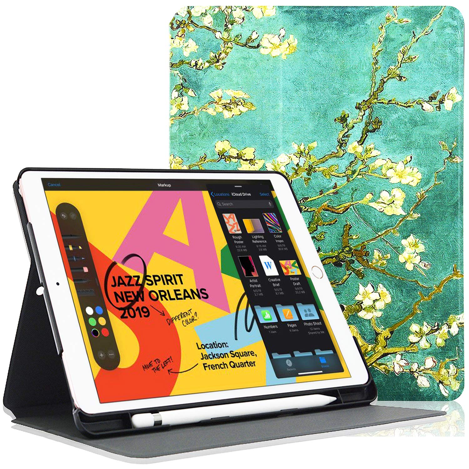 Premium PU Leather Case for iPad 8th Gen (2020) & 7th Gen (2019) 10.2 Inch - Auto Wake/Sleep & Pencil Holder - Compatible with iPad Air 3 10.5 & iPad Pro 10.5 - Almond Blossom Design - Perfect for Work, School & Travel Protection
