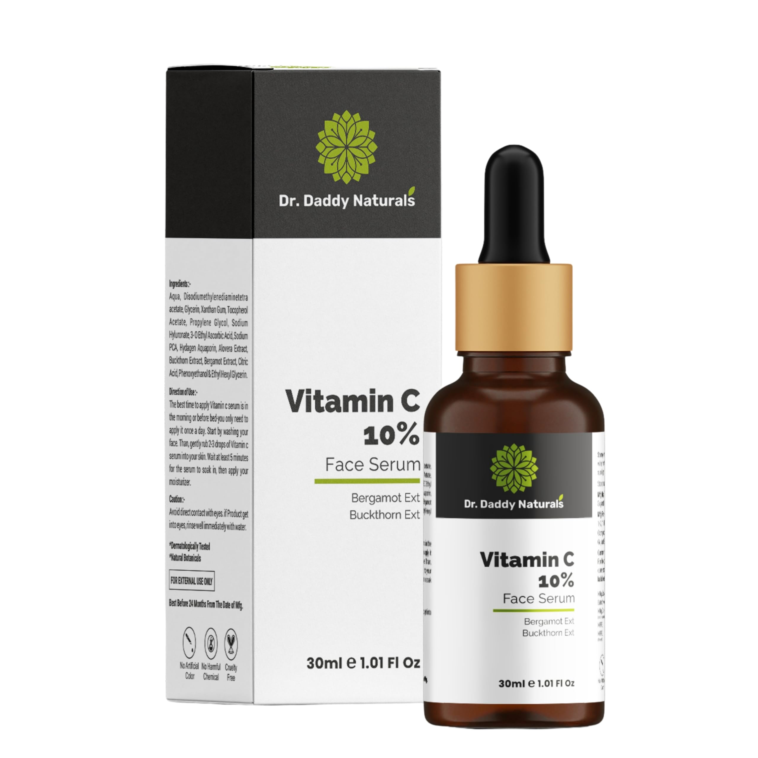 Dr. Daddy Naturals Vitamin C Face Serum with Hyaluronic Acid & Bergamot Extract - Skin Brightening Serum for Hyperpigmentation, Dark Spots & Wrinkles - Fragrance Free, 30ml - Perfect for Daily Skincare Routine & Nighttime Repair