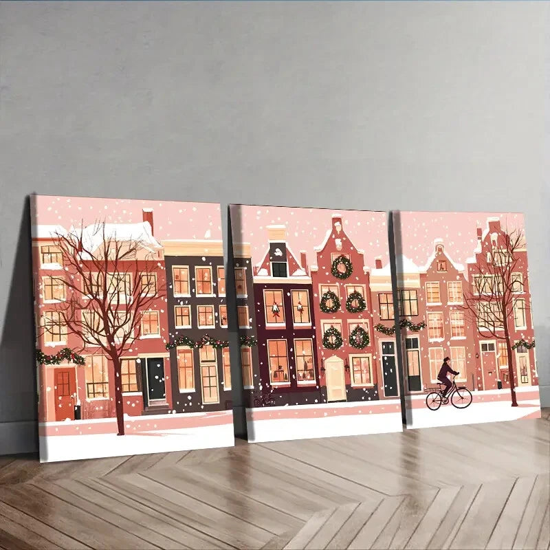 3-Piece Winter Holiday Snowy Rooftops Wall Art Set - Framed Canvas Prints 40x60cm - High Quality Australian Made Ready-to-Hang Decor for Living Room, Bedroom & Office