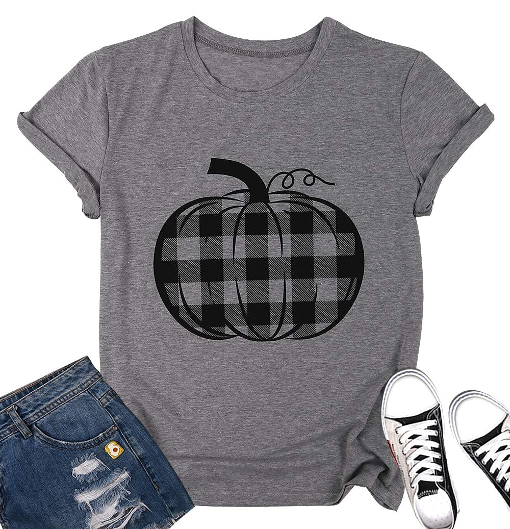 LUKYCILD Women's Halloween Pumpkin Graphic T-Shirt - Plaid & Leopard Print Short Sleeve Fall Shirt for Thanksgiving, Parties & Autumn Outfits