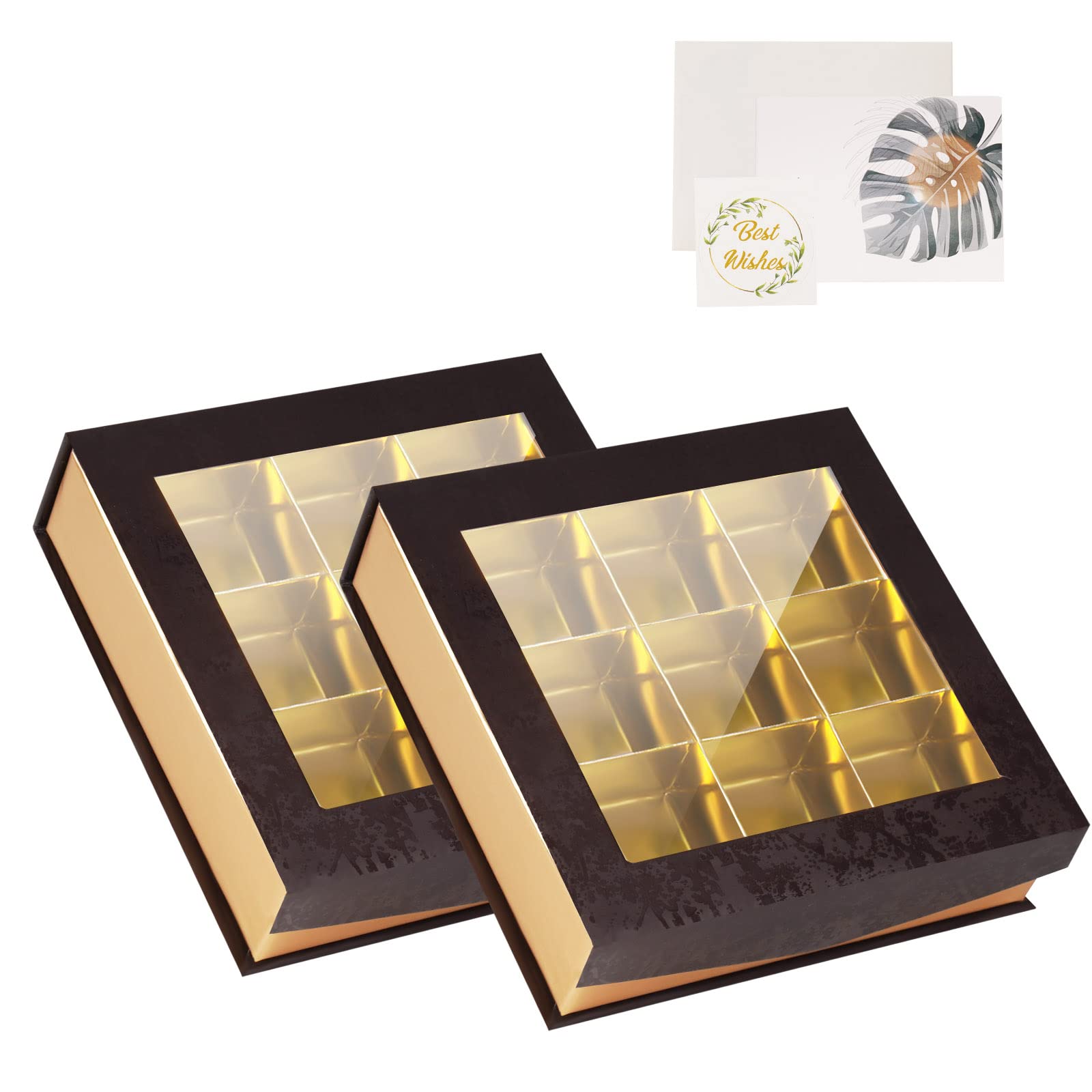 Luxury Chocolate Gift Box Set - 2 Pack Magnetic Closure Empty Truffle Boxes with Dividers & Clear Window for Handmade Chocolates, Mini Truffles, Gift Cards - Perfect for Valentine's Day Gifts, Wedding Favors, Corporate Events & Holiday Present Packaging