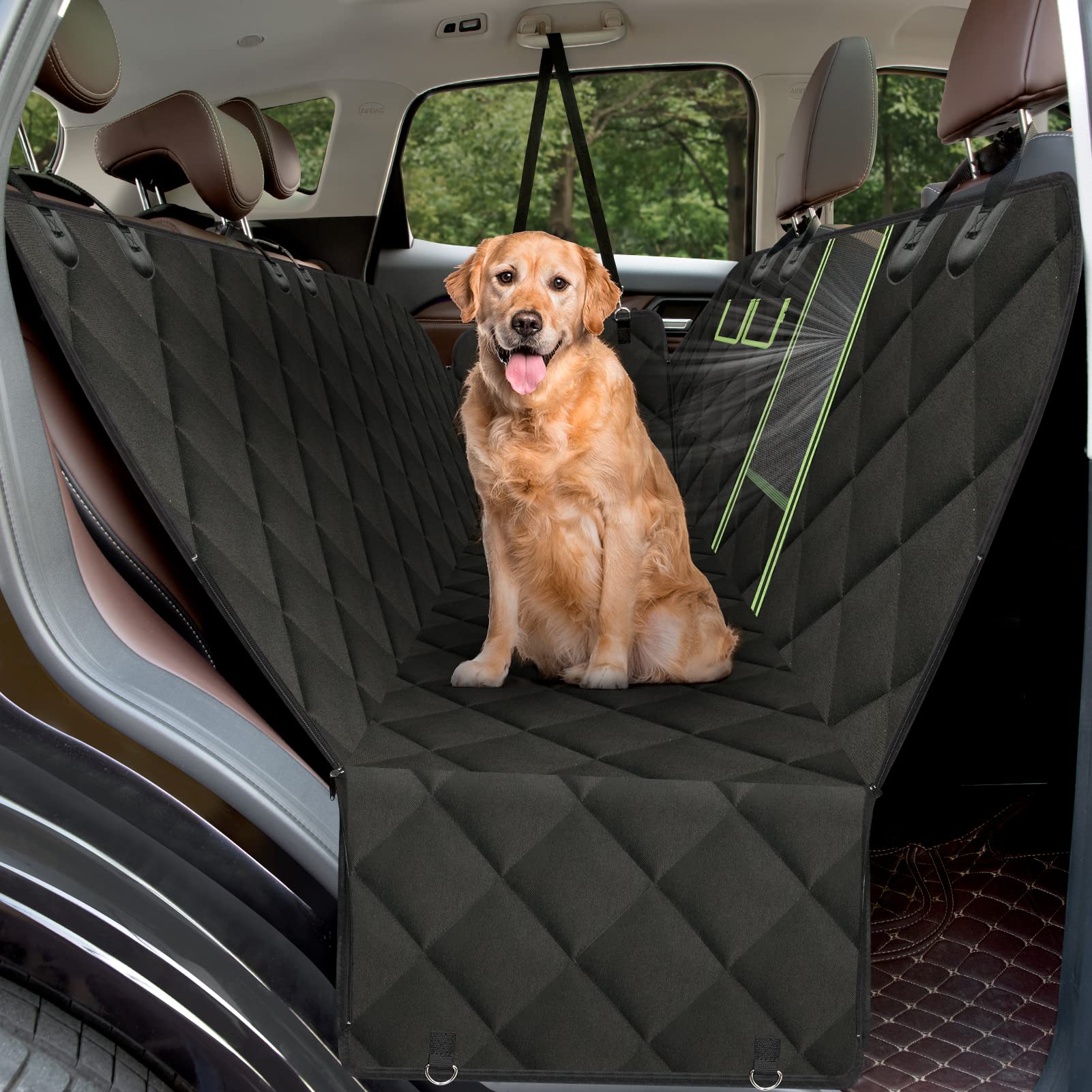 AURELIO TECH Waterproof Dog Car Seat Cover for Back Seat - Convertible Pet Hammock with Mesh Window & Seat Belt, Anti-Slip Scratchproof Protector for Cars, SUVs, Trucks (Standard Size) - Perfect for Road Trips, Vet Visits & Daily Commutes