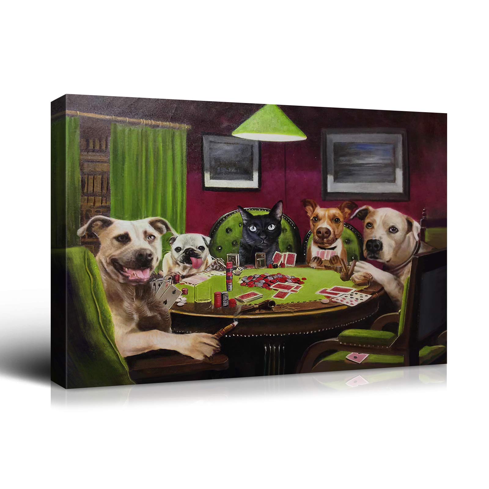 Denozer - Dogs Playing Poker by Cassius Marcellus Coolidge Oil Painting Reproduction - Premium Giclee Canvas Print Wall Art - Ready to Hang Gallery Wrapped - 48x32 Inches - Perfect for Game Room, Man Cave & Home Theater Decor