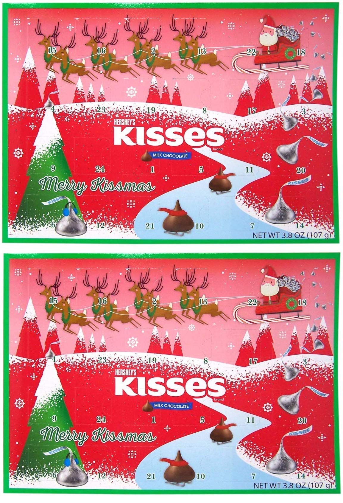 Hershey Milk Chocolate Kisses Christmas Advent Calendar - 2 Pack (13.75 Inch Each) | Holiday Countdown Candy for Stocking Stuffers & Gift Giving