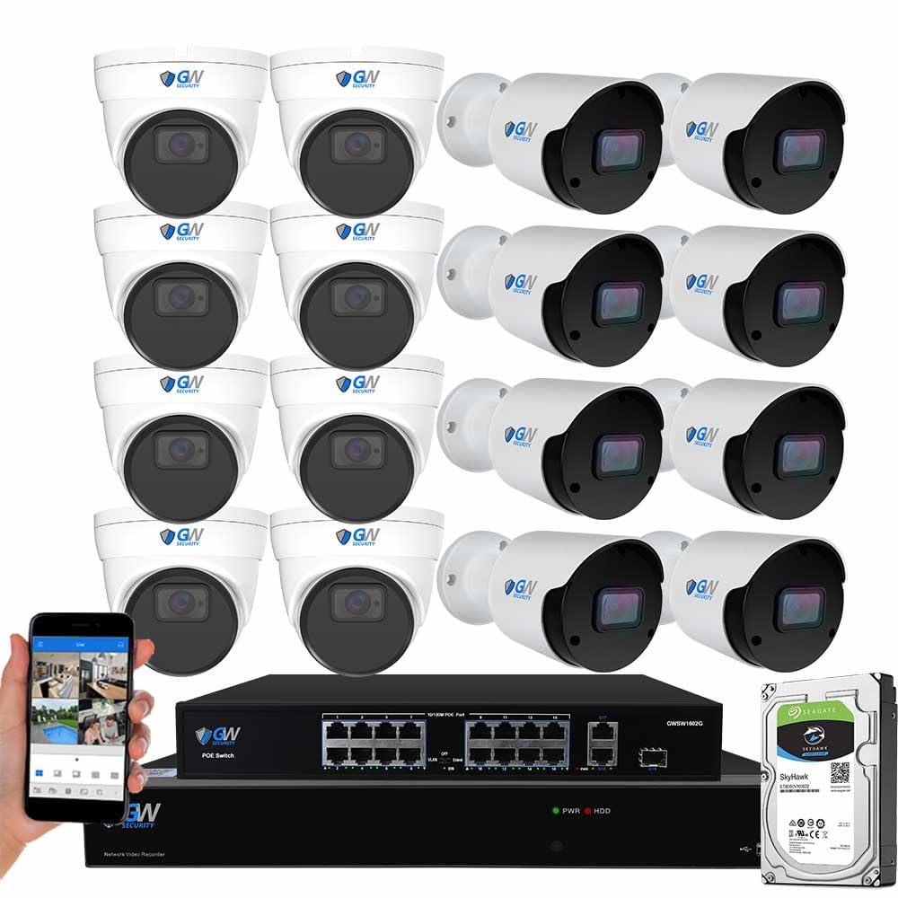 GW Security 32 Channel 4K UltraHD NVR System with 16 AI Cameras (8 Bullet + 8 Dome) - 12MP Resolution, Human/Vehicle Detection, Color Night Vision & PoE Support | Ideal for Home Security, Business Surveillance & Property Monitoring