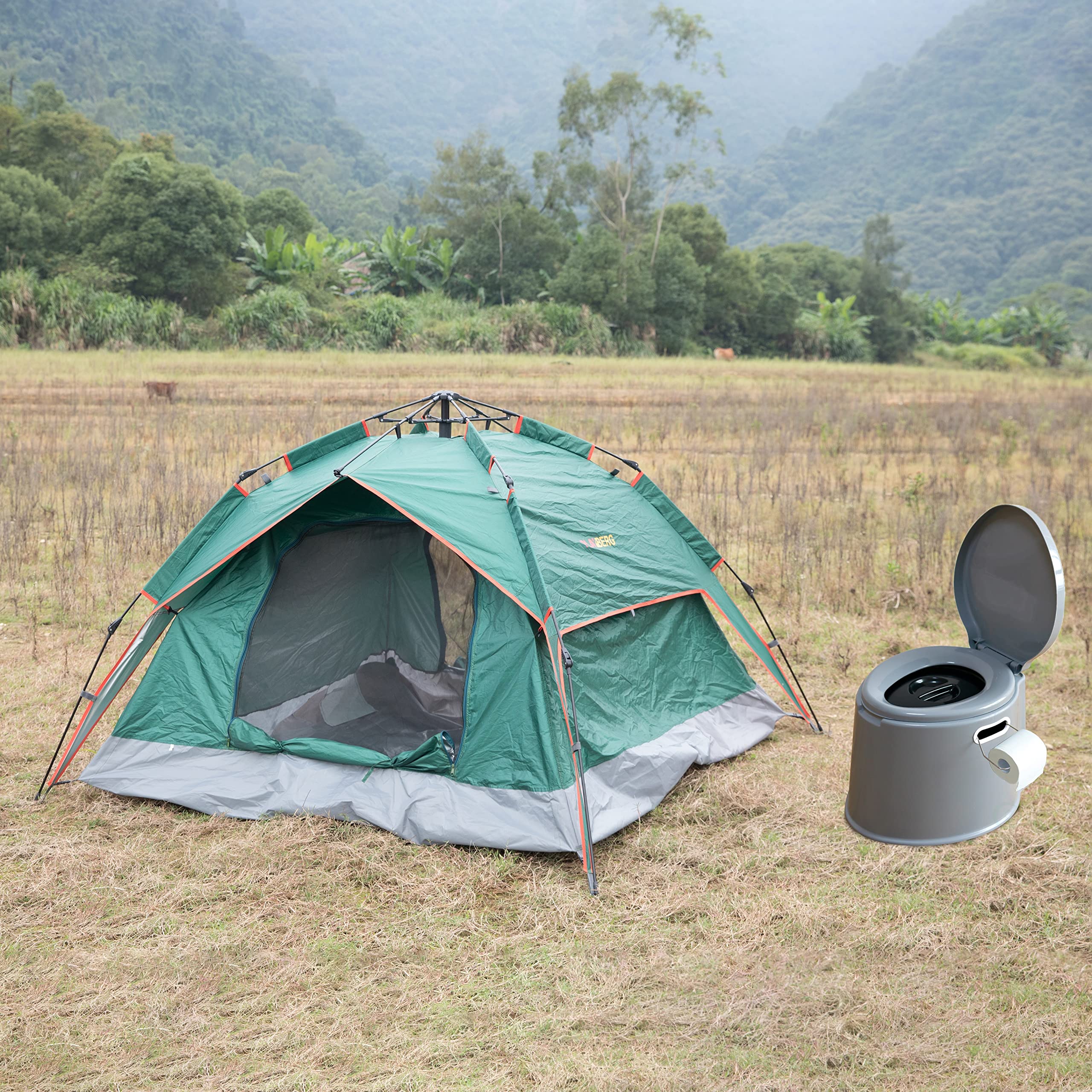 Portable Travel Toilet with Pop Up Tent & Sun Shelter - Compact Camping Toilet for Outdoor Adventures, Hiking, RV Trips & Emergency Use