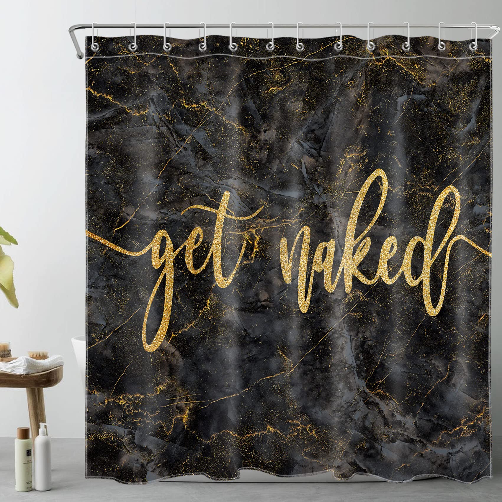 HVEST Gold and Black Marble Shower Curtain - Modern Abstract Art Bathroom Decor with Hooks, 72x72 Inch Polyester Fabric - Perfect for Minimalist Bathrooms & Spa-Like Showers