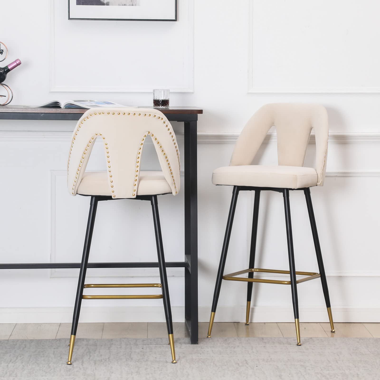 Velvet Counter Height Bar Stools Set with Backs & Footrest - Modern Upholstered Kitchen Island Stools for Breakfast Bar, Dining Counter & Home Decor (Beige)