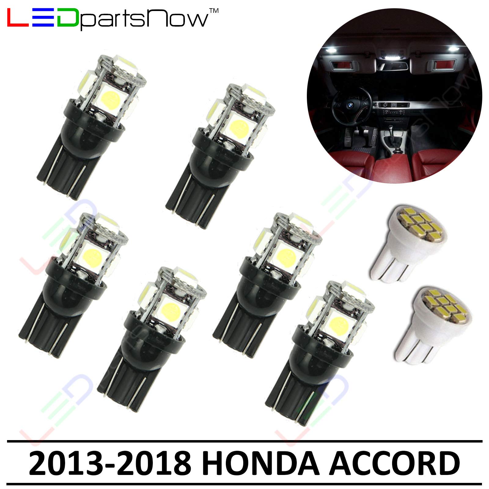 2013-2018 Honda Accord Interior LED Light Bulbs Replacement Kit - 8 Pack Super Bright White LED Lights for Dome Map Door Courtesy Lights - Upgrade Your Car Interior Lighting for Night Driving & Enhanced Visibility