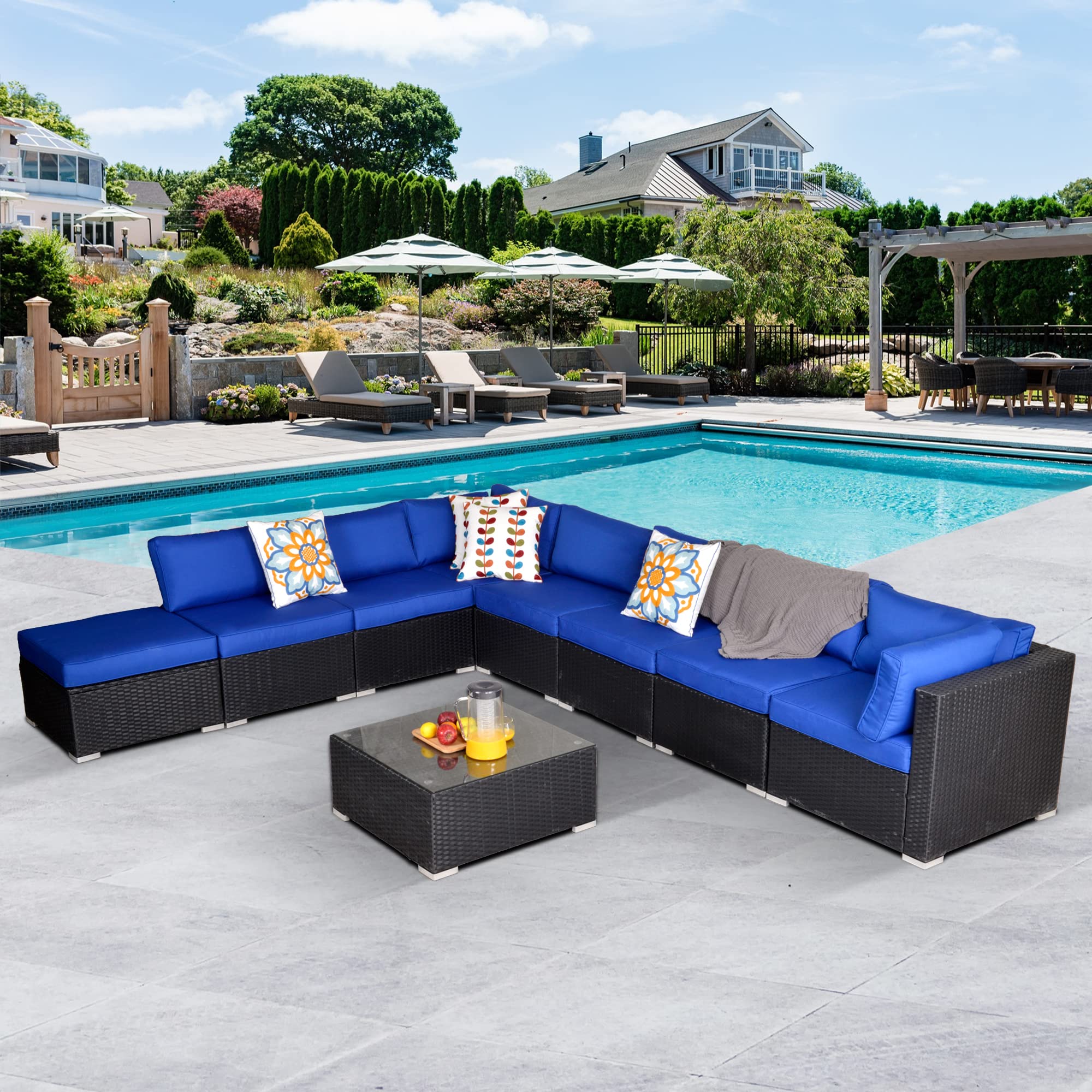 **SUNVIVI 9-Piece Outdoor Patio Furniture Set - All-Weather PE Wicker Sectional Sofa with Glass Table & Removable Cushions (Navy Blue) - Perfect for Backyard, Garden, Poolside & Patio Relaxation**