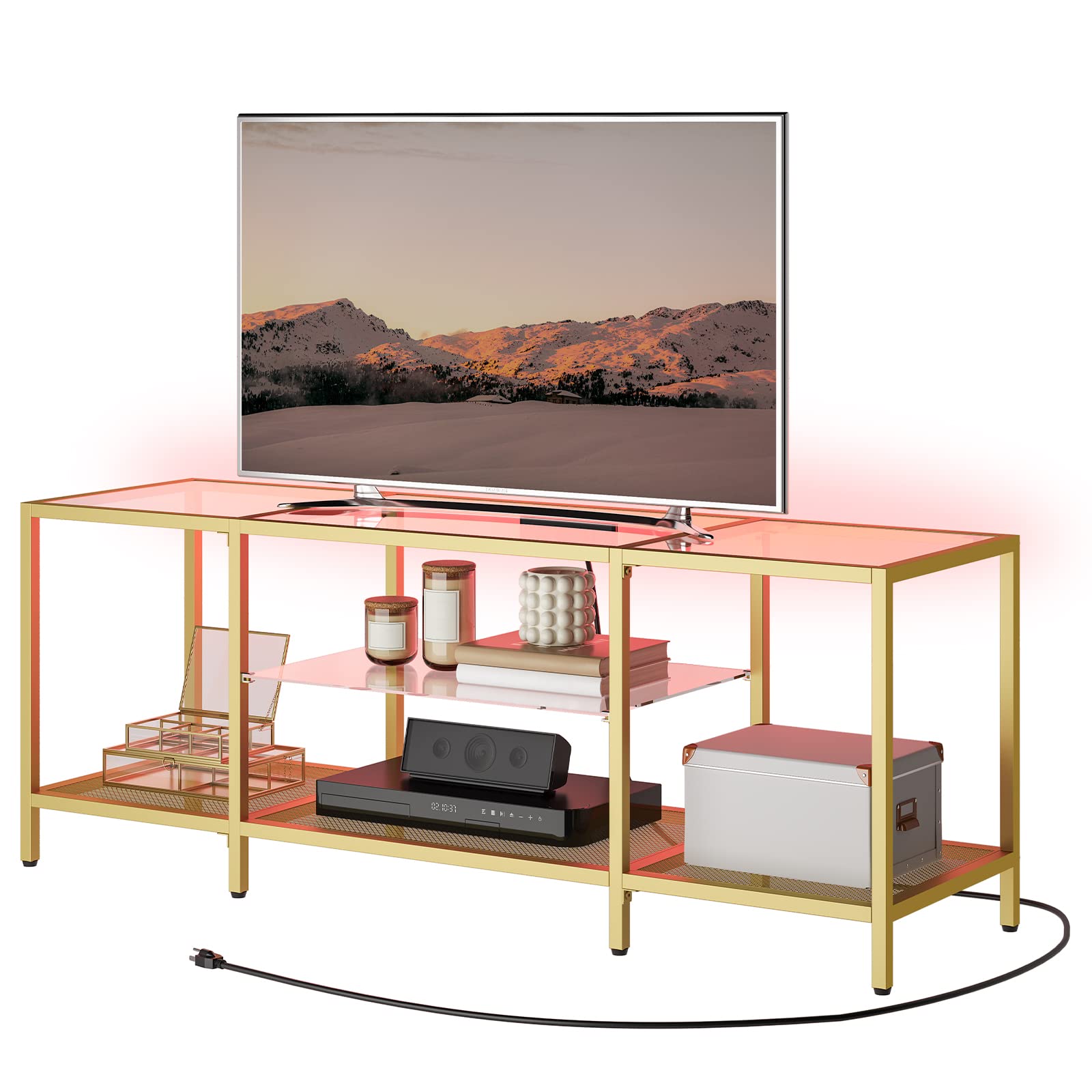 HOOBRO 65 Inch TV Stand with LED Lights & Power Outlets, Modern Tempered Glass TV Console Table with Open Shelves, Media Entertainment Center for Living Room - Gold (GD145UDS01) | Perfect for Home Theater Setup & Living Room Decor