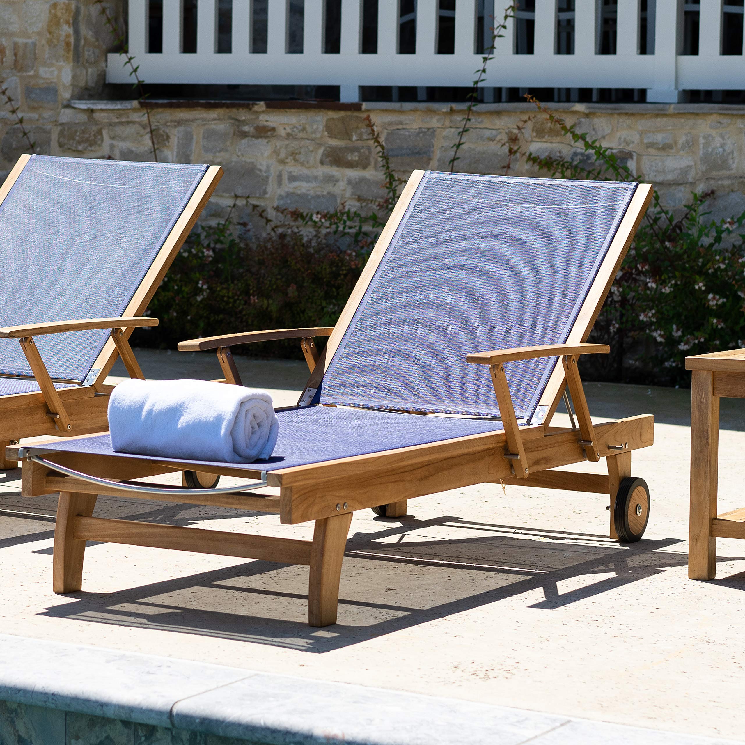 Premium Teak Wood Outdoor Lounger - Alveare Home Blue Lucia Patio Chaise Lounge for Poolside, Garden & Backyard Relaxation