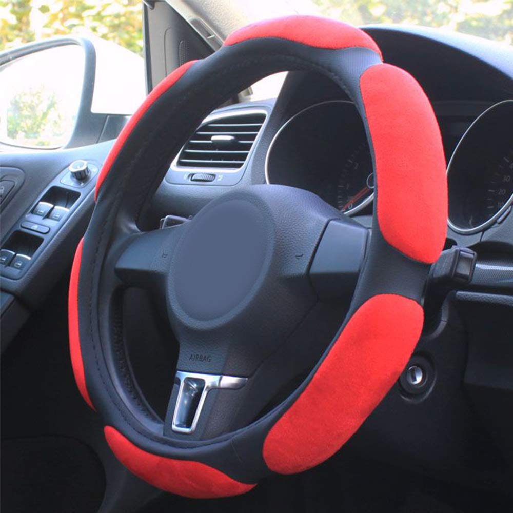 Premium Soft Suede Car Steering Wheel Cover - Breathable Relax Foam Pads Cushion for Comfort & Grip (Red) | Ideal for Long Drives, Commuting & Road Trips