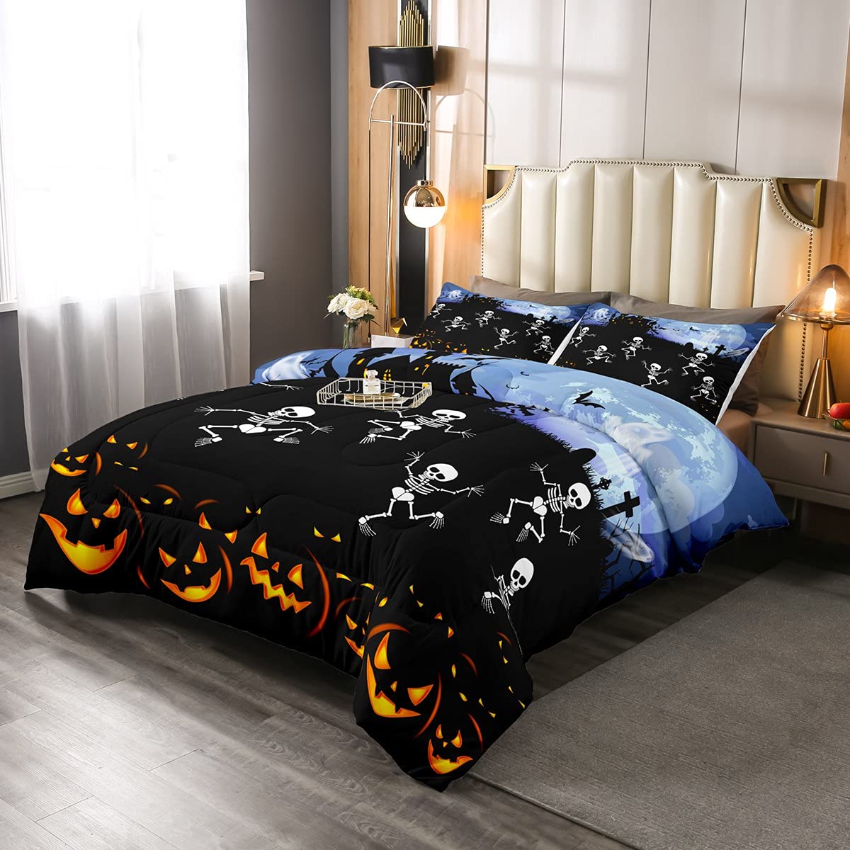 Halloween Pumpkin Lantern & Gothic Skeleton Comforter Set - Twin Size White Bat Design Bedding with Pillowcase | All-Season Down Alternative Duvet for Spooky Home Decor, Teen Bedroom & Halloween Party Nights