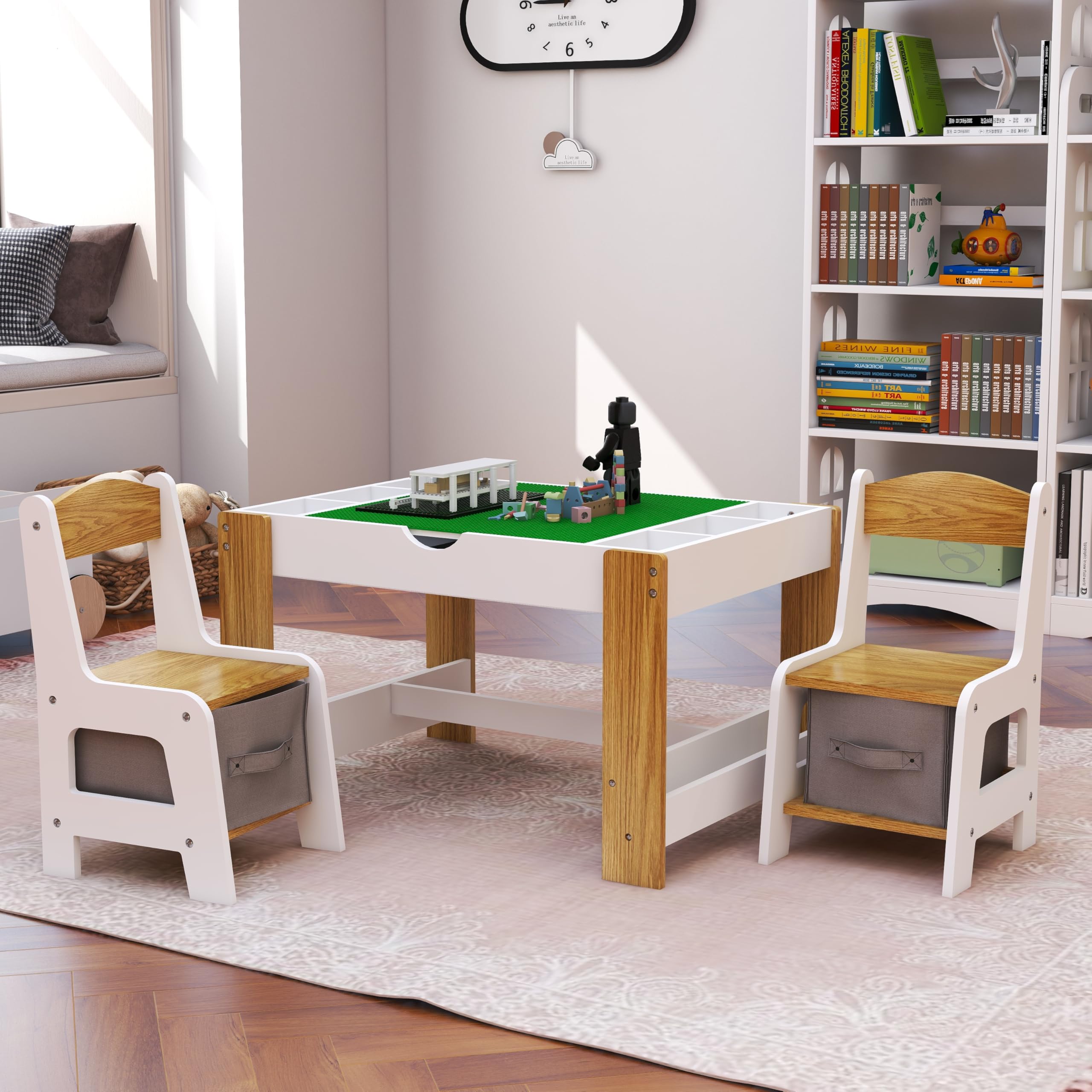 Wooden 3-in-1 Kids Table and Chairs Set with 2 Storage Baskets - Children's Activity Table for Lego, Reading, Writing & Play - White | Perfect for Playrooms, Daycares & Homeschool Learning Spaces