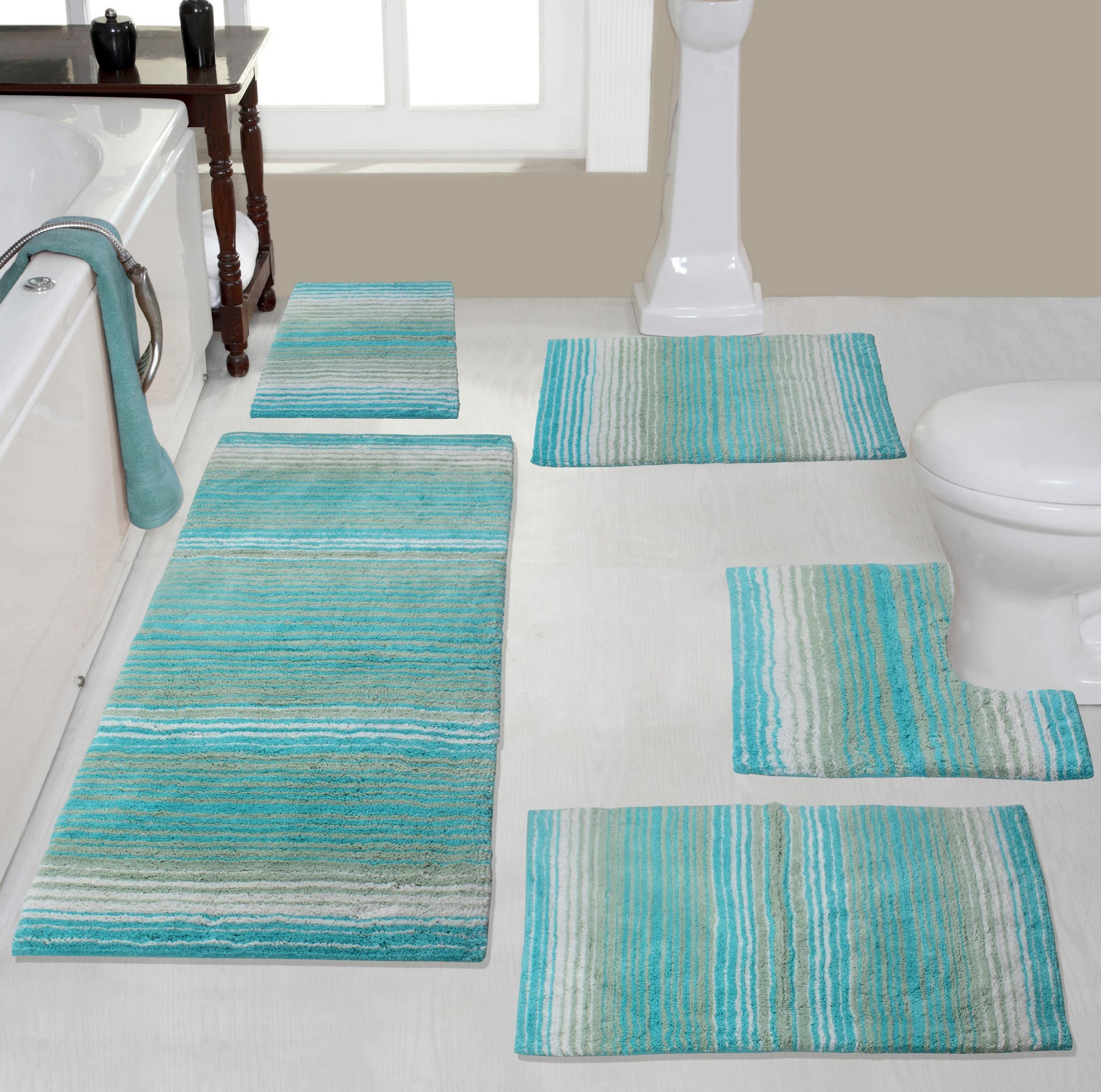 Home Weavers 100% Cotton Gradient Bathroom Rug Set - Non-Slip Washable 5-Piece Collection for Bathroom & Kitchen Floor (Turquoise) | Soft Contour Mats for Shower, Bathtub & Sink Areas