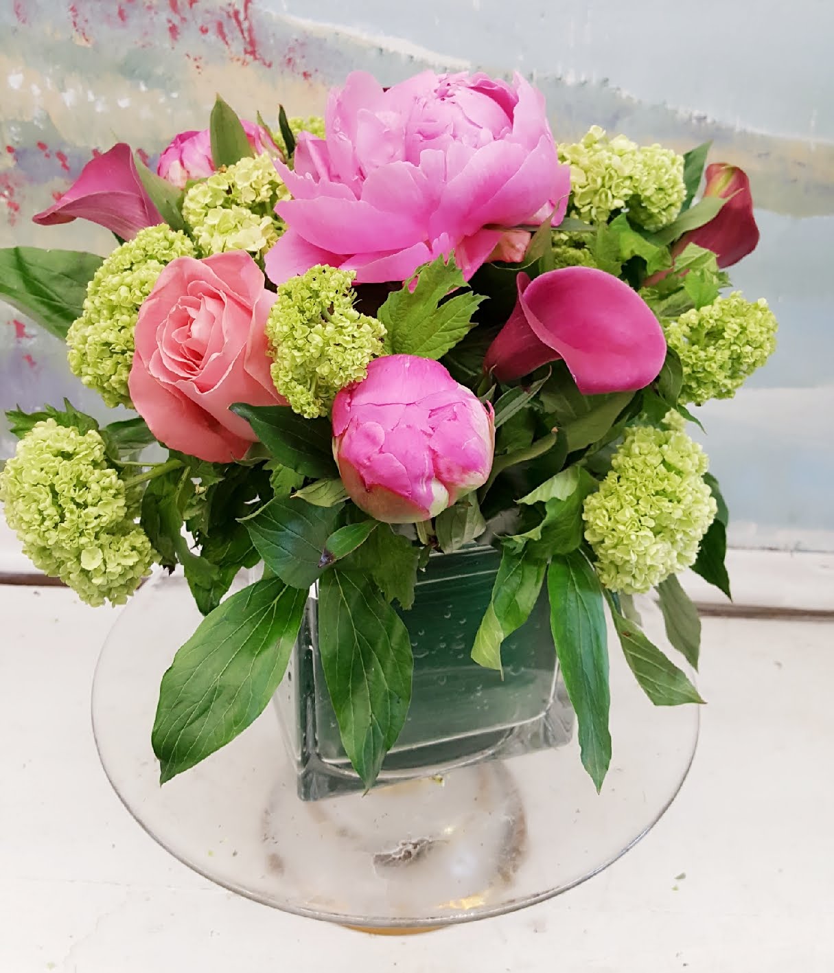 Peony Season Cube Floral Arrangement - Elegant Home Decor for Living Room, Wedding, and Special Events