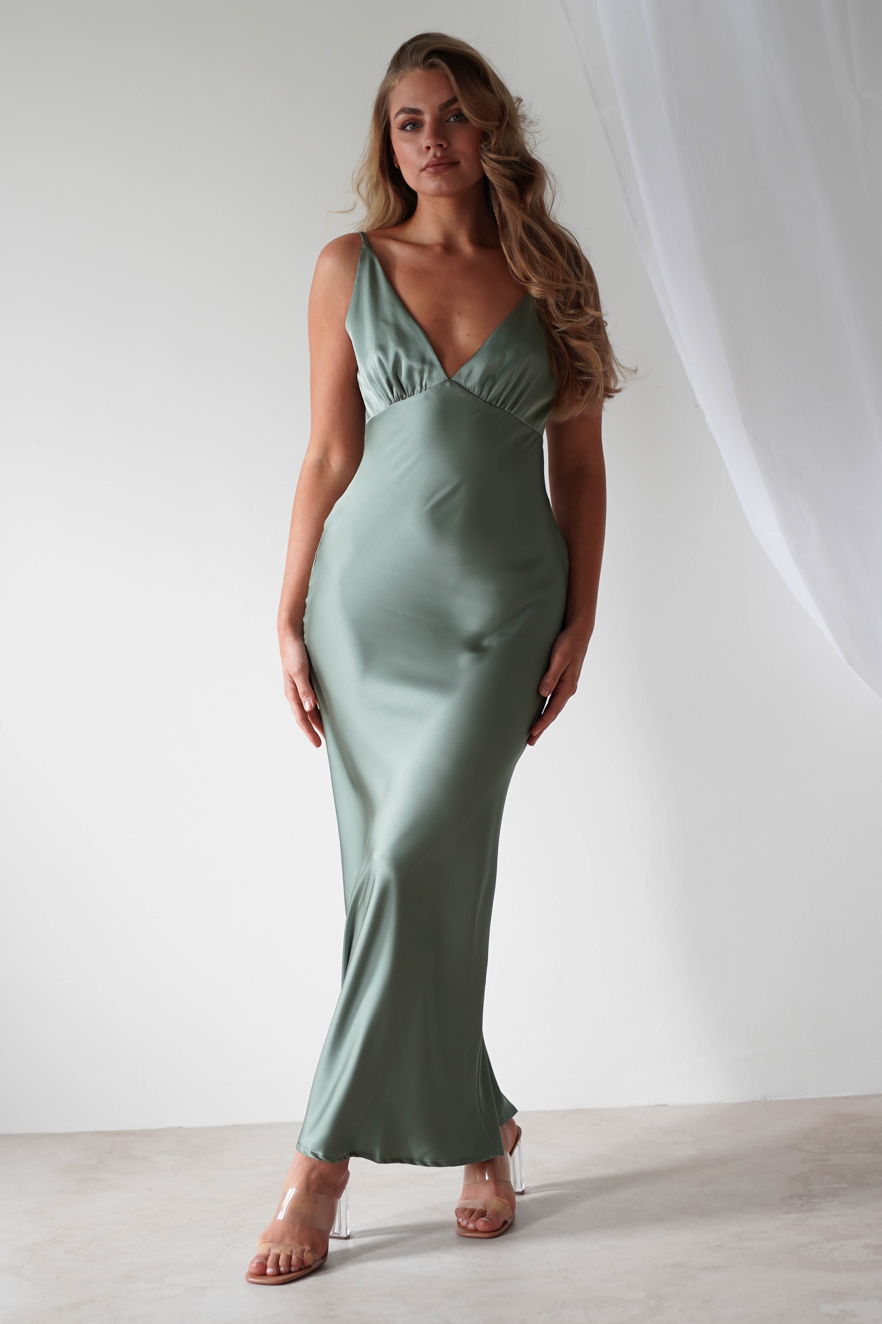 Aimie Soft Satin Maxi Dress for Women - Elegant Olive Green Long Dress for Summer, Beach, Party & Special Occasions