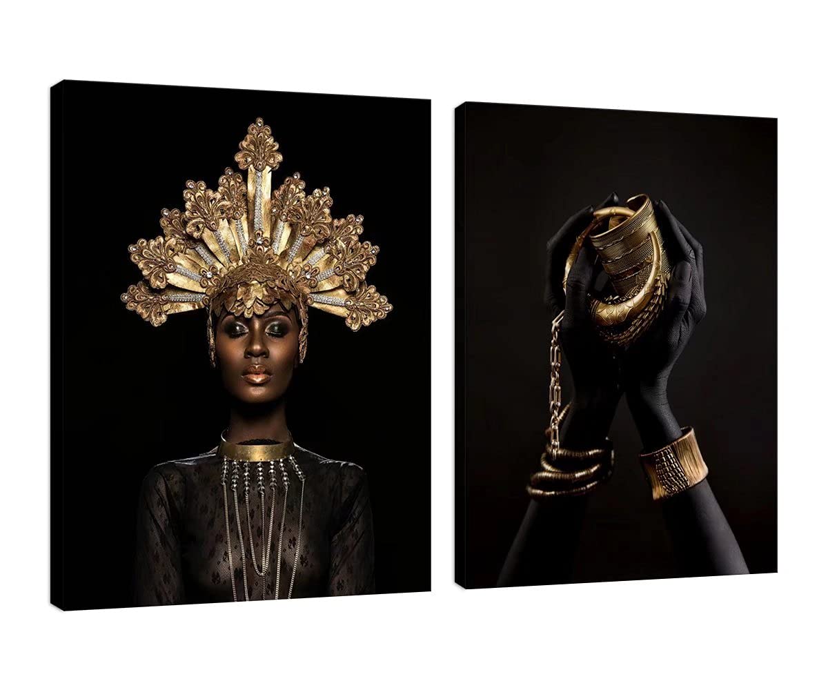 African Woman Canvas Wall Art - Black & Gold Jewelry Painting for Living Room, Bedroom, Office & Bathroom Decor - Framed Ready to Hang (24x32 Inches, Set of 2) - Perfect for Home Decor & Gift Giving