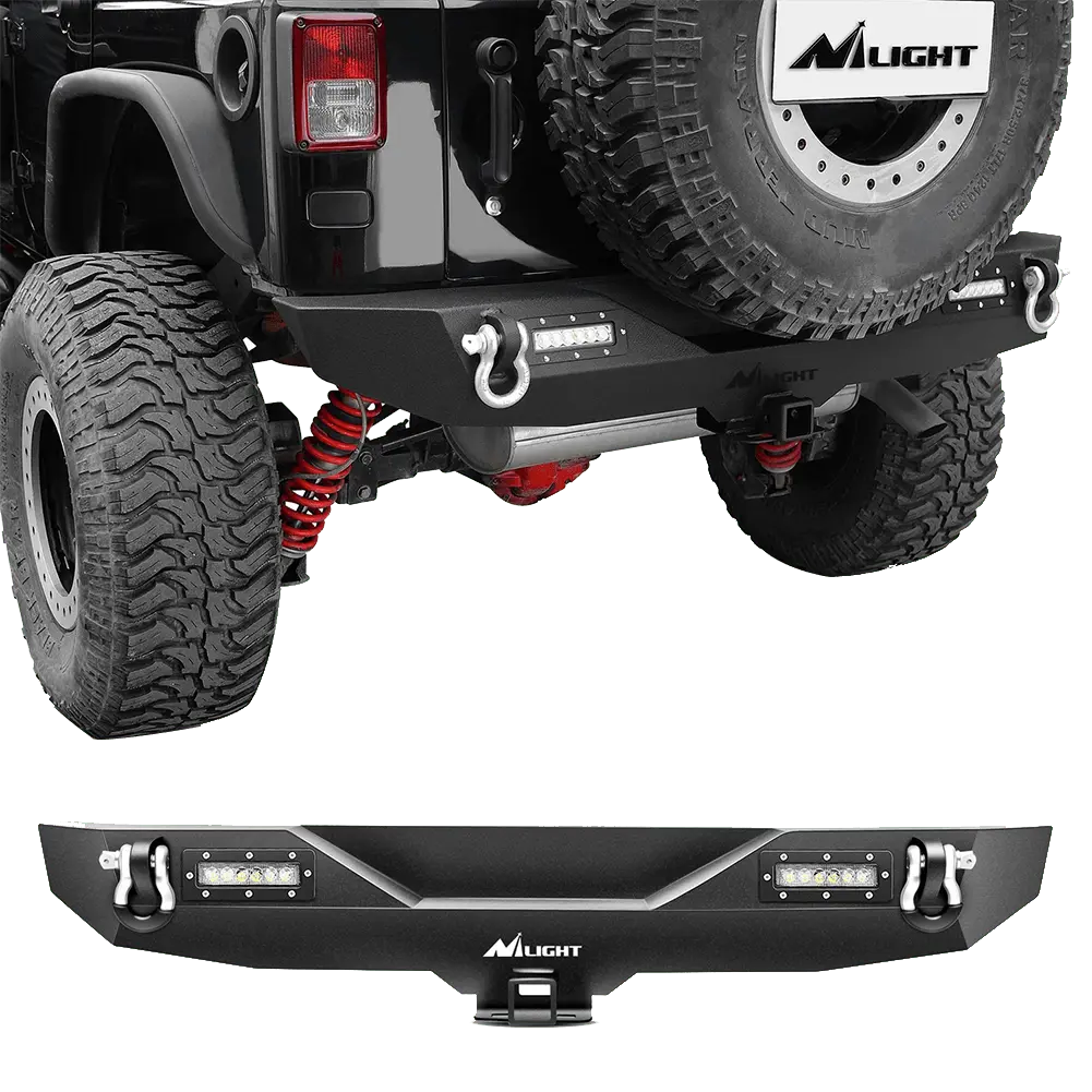 Jeep Wrangler JK Rear Bumper (2007-2018) - Heavy Duty Rock Crawler Bumper with Hitch Receiver & 18W LED Lights - Textured Black Off-Road Bumper for Jeep Wrangler JK Unlimited - Perfect for Off-Roading, Rock Crawling & Trail Adventures