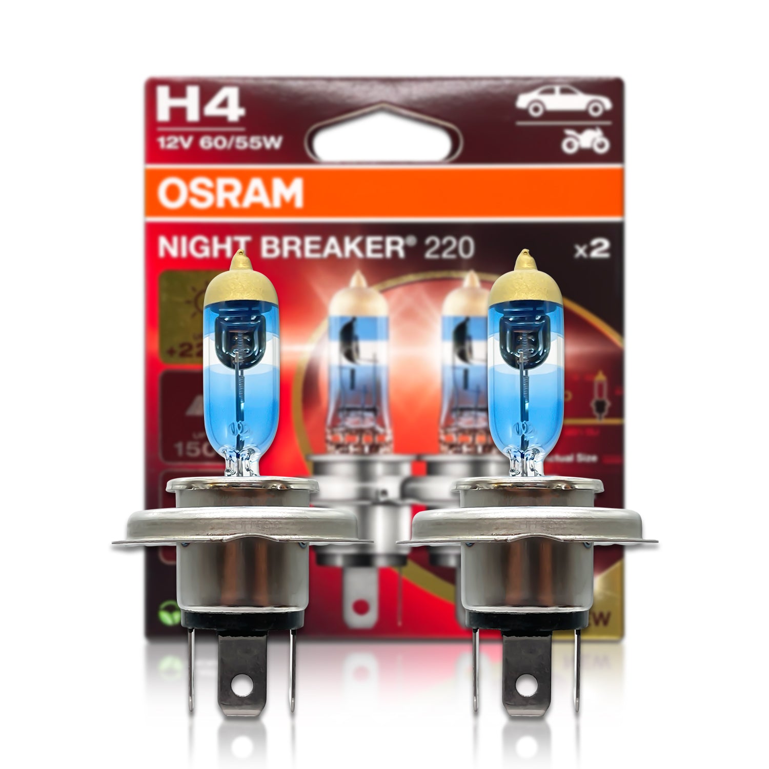Osram 64193NB220 Night Breaker 220 H4 HB2 Halogen Bulbs - 2 Pack | High Performance Headlight Bulbs for Cars, Trucks & Motorcycles | Enhanced Night Driving Safety