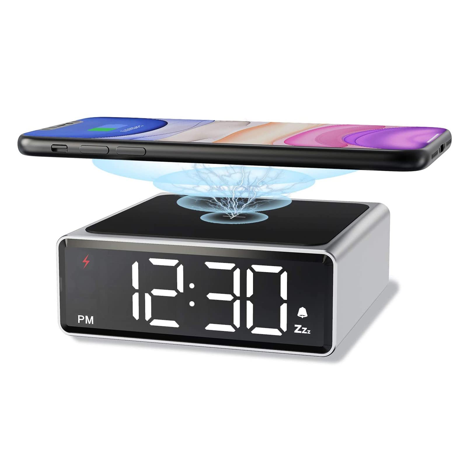 DENZED Digital Alarm Clock with Qi Wireless Charger - Clear LED Display, Stepless Dimming, USB Port - Perfect for Bedroom, Office & Travel (White) | Wake Up to Fast Charging & Gentle Alarms