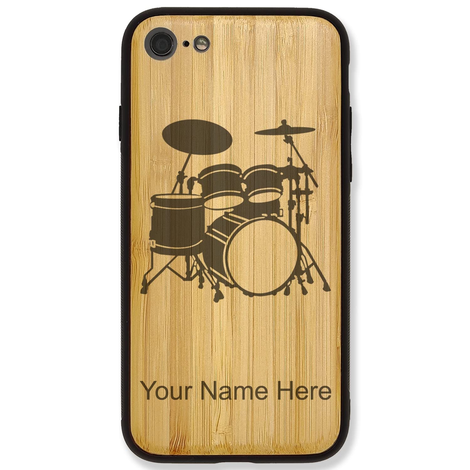 Premium Bamboo Phone Case Compatible with iPhone 7 Plus & iPhone 8 Plus - Custom Engraved Drum Set Design - Perfect for Musicians & Music Lovers - Durable Protection for Daily Use & Special Occasions