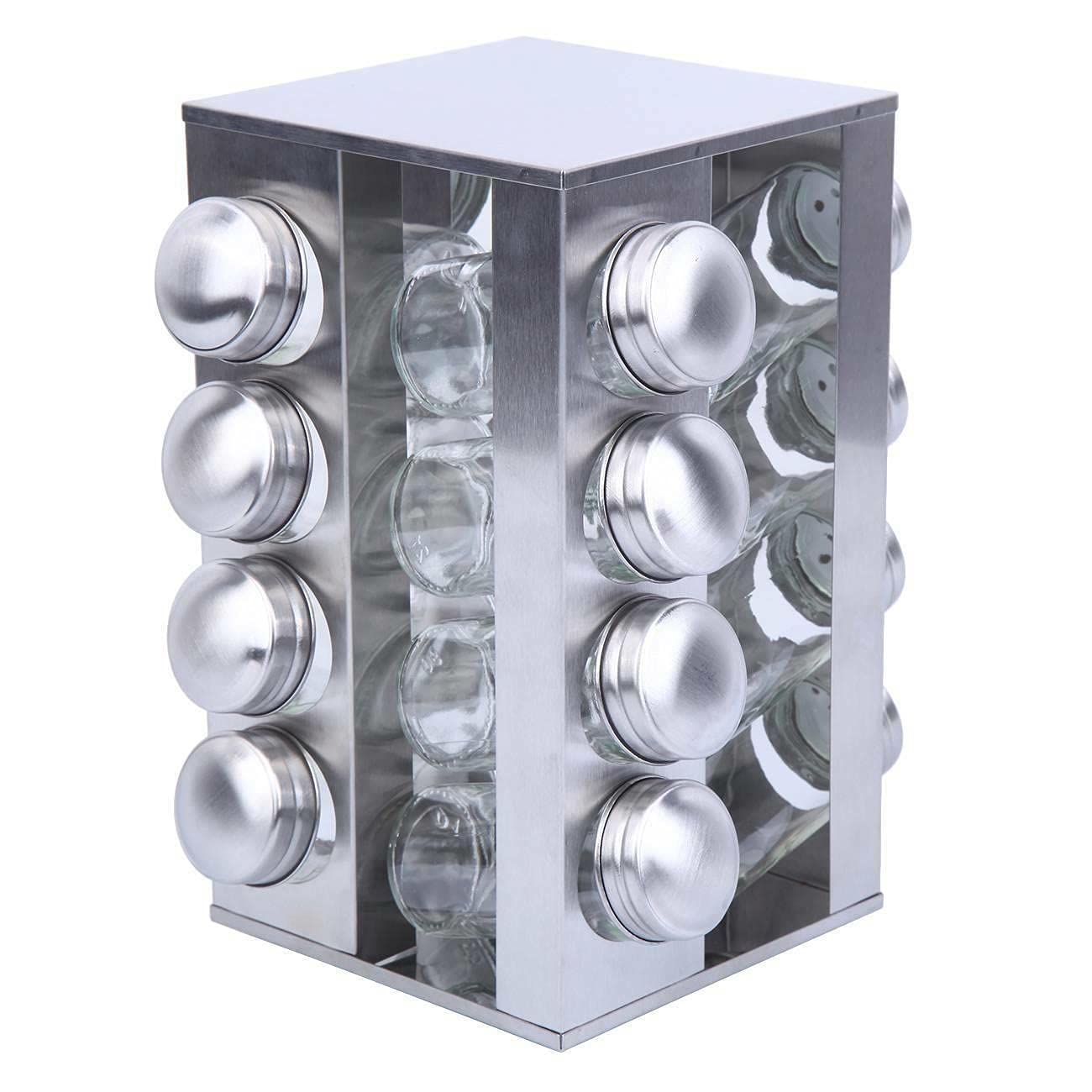 16-Jar Rotating Spice Rack Organizer - Stainless Steel Spice Storage with Glass Jars for Kitchen Cabinet & Pantry - Perfect for Organizing Spices, Herbs, Coffee Pods & Small Pantry Items