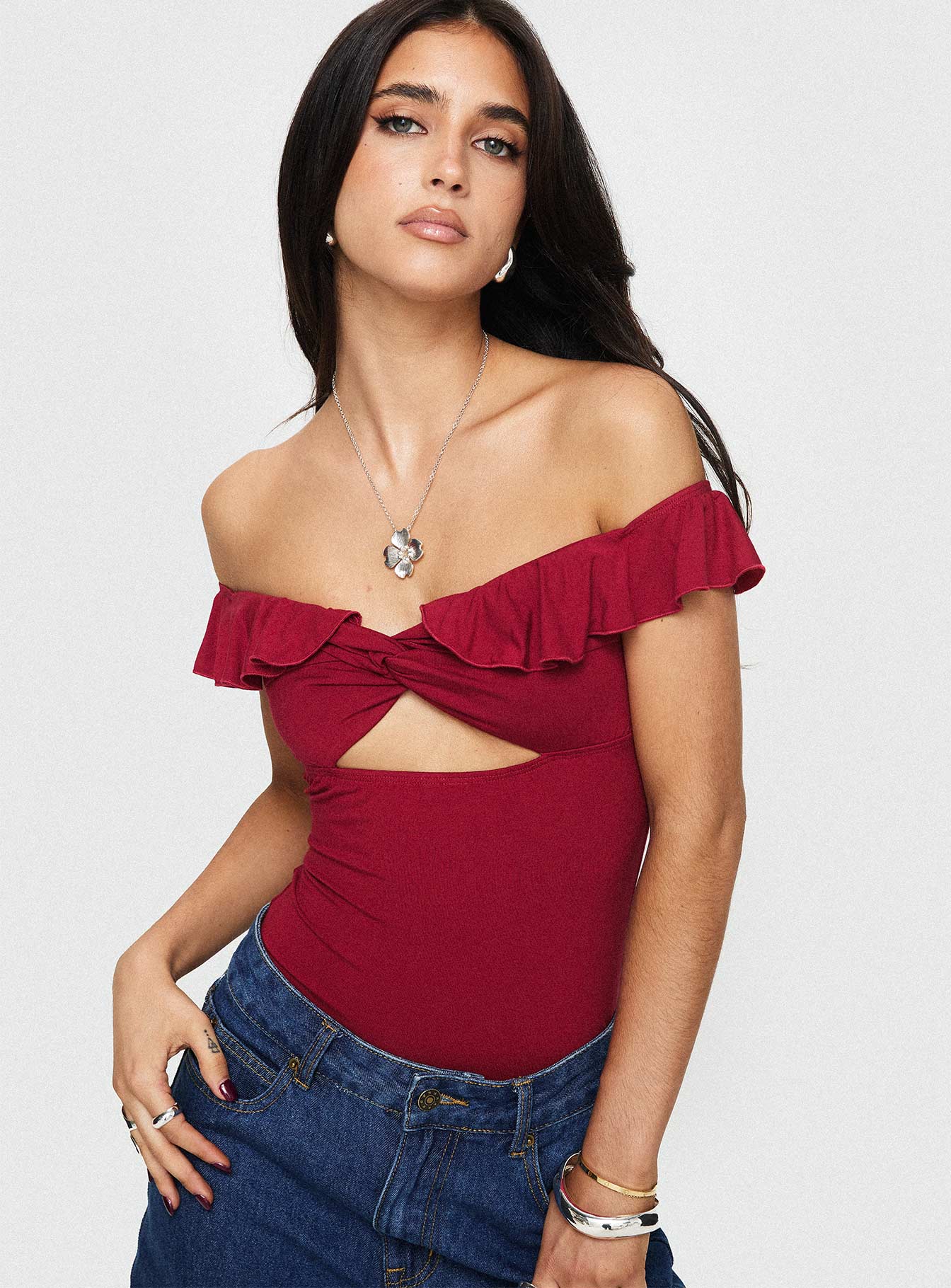 Off Shoulder Red Bodysuit - Sexy Stretchy Women's Top for Date Night & Party Outfits