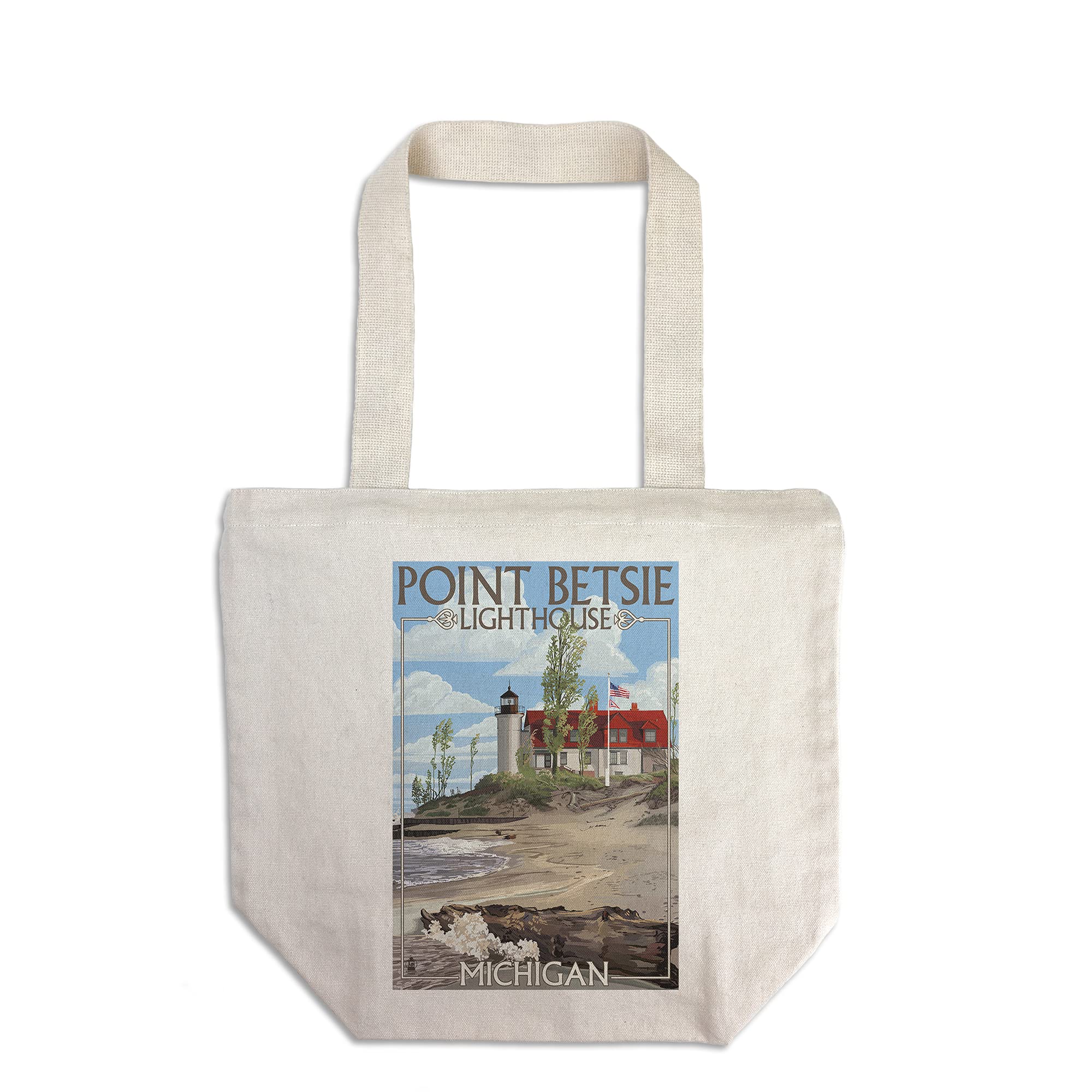 Point Betsie Lighthouse Michigan Cotton Canvas Tote Bag - Reusable Eco-Friendly Shopping Bag for Beach, Grocery & Travel