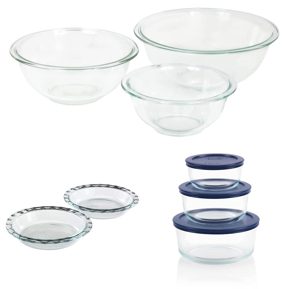 Pyrex 11-Piece Glass Mixing Bowl Set with Pie Plates & Airtight Storage Containers - BPA-Free, Microwave & Oven Safe - Perfect for Baking, Meal Prep & Leftovers Storage