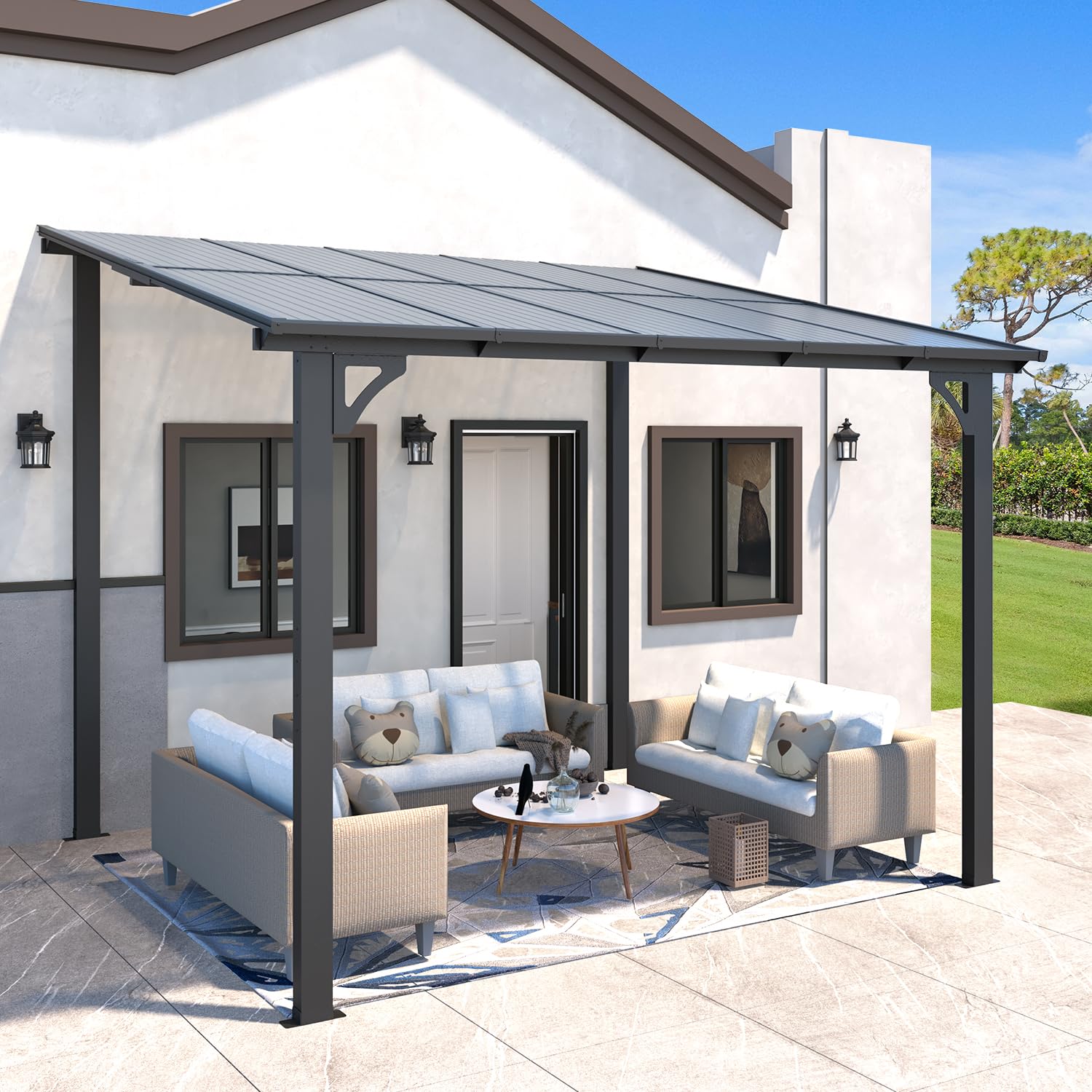 AECOJOY 10' x 8' Hardtop Wall-Mounted Gazebo Pergola with Roof - 80 Sq.Ft Shaded Outdoor Canopy for Patio, Deck, Backyard - Heavy Duty Weatherproof Lean-to Awning for Garden, BBQ, and Outdoor Relaxation