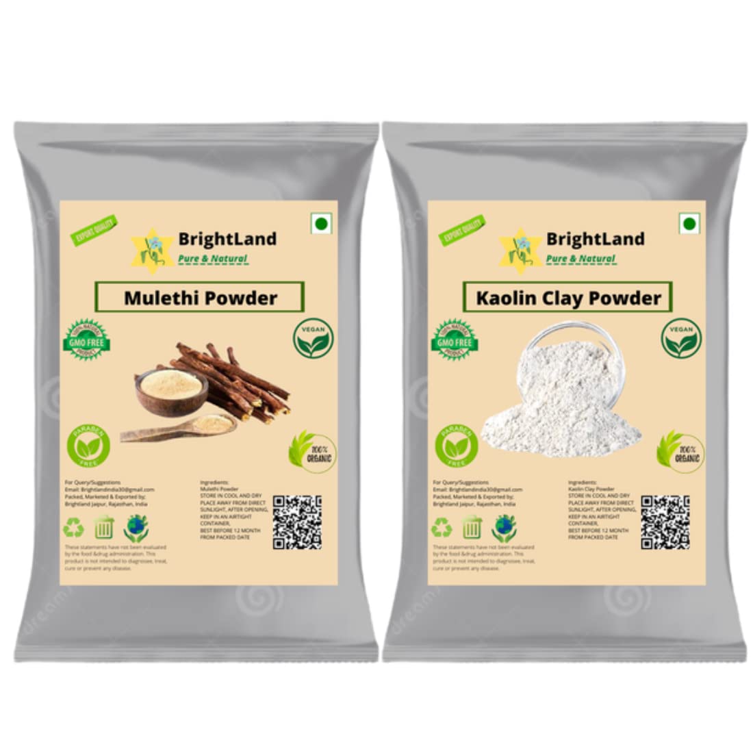 Brightland 100% Organic Mulethi Powder & Kaolin Clay Powder for Face & Skin - Natural Skincare Treatment for Acne, Blackheads & Glowing Complexion (2 x 100g) - Perfect for DIY Face Masks & Spa Days at Home