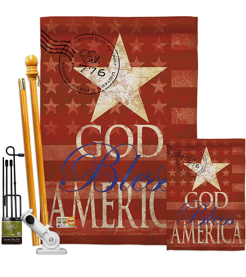Patriotic God Bless America Flag Set w/Flagpole for Home & Garden Decor