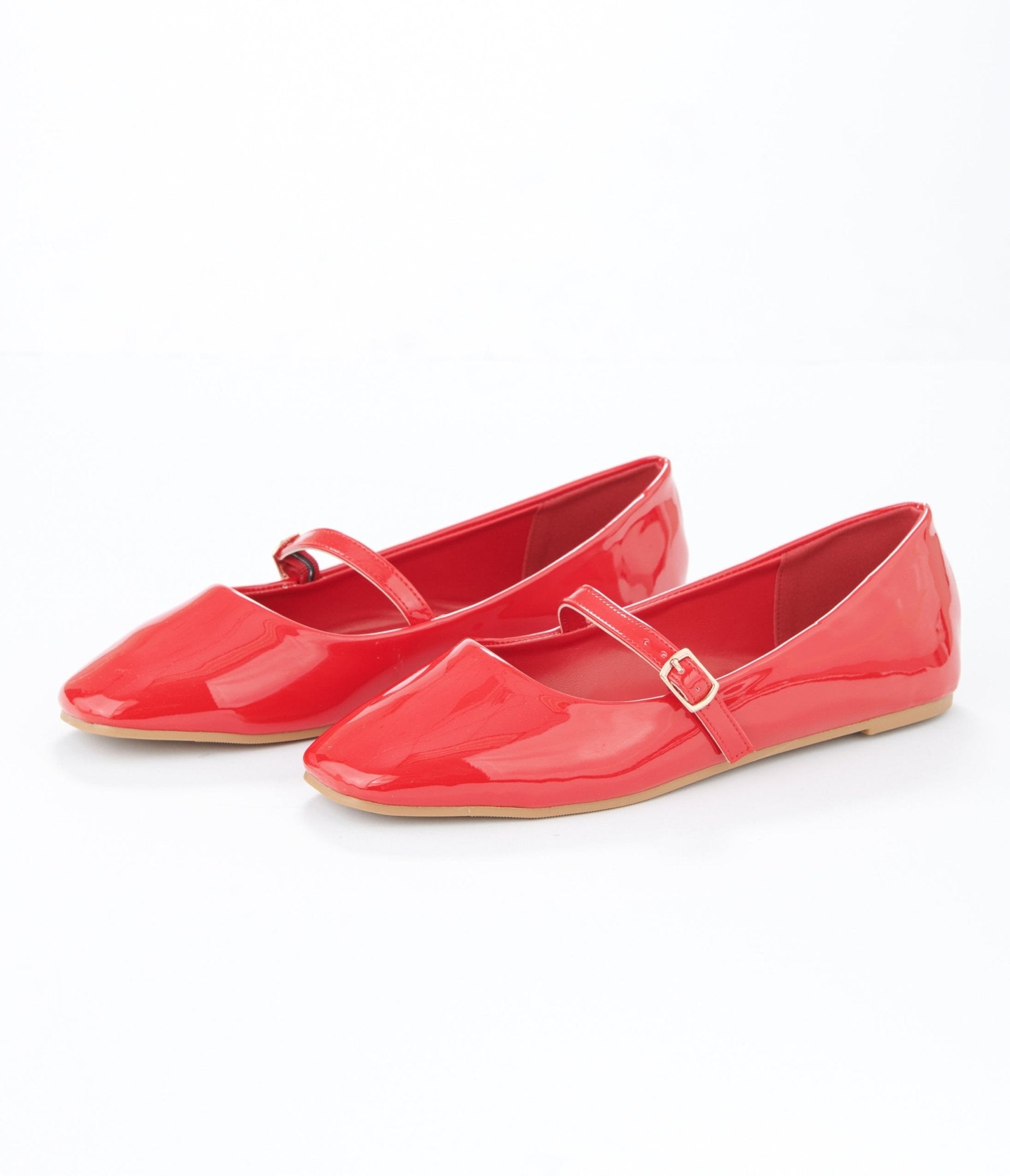Stylish Red Patent Leatherette Mary Jane Flats for Women - Comfortable & Fashionable Dress Shoes for Work, Party & Everyday Wear