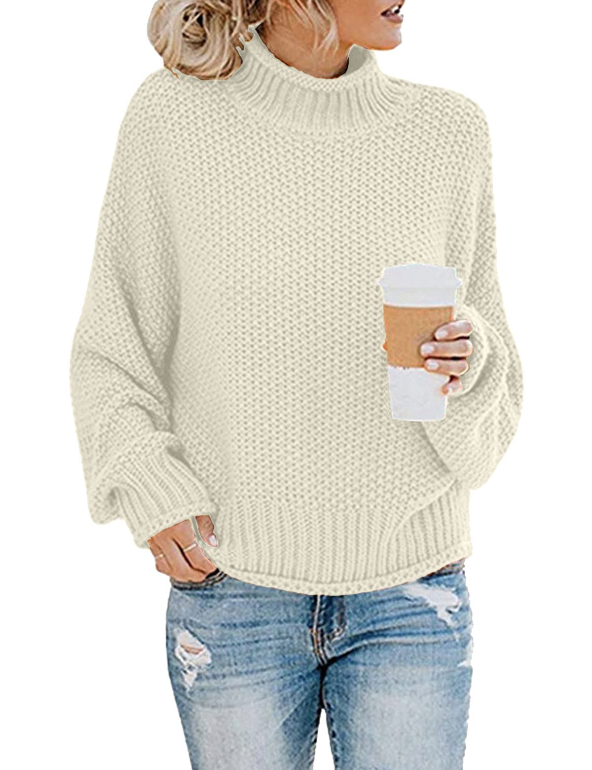 CHERFLY Women's Batwing Long Sleeve Turtleneck Sweater - Loose Knit Pullover Jumper for Casual Outfits, Office Wear & Winter Fashion