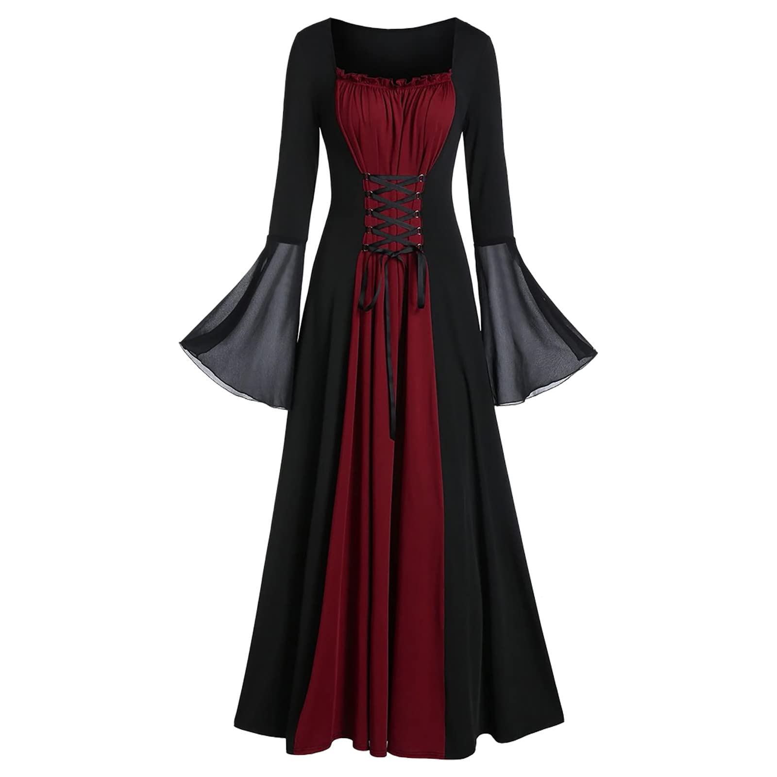 Halloween Long Gothic Dress for Women - Mesh Bell Sleeve Retro Maxi Dress with Square Neck | Perfect for Costume Parties, Haunted Events & Dark Fashion