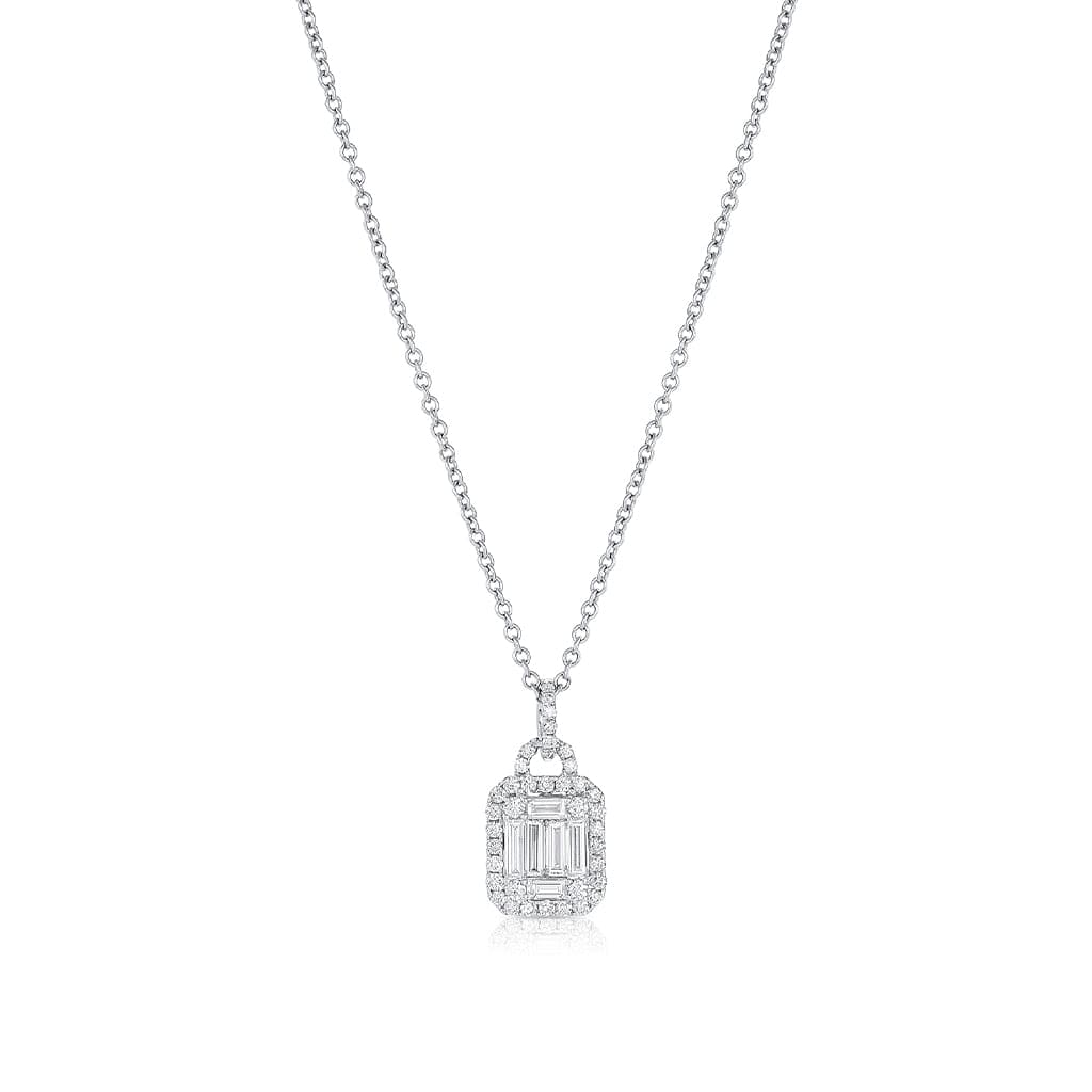 18K White Gold Baguette and Round Brilliant Cut Diamond Pendant Necklace - Elegant Jewelry Gift for Women, Perfect for Weddings, Anniversaries & Special Occasions